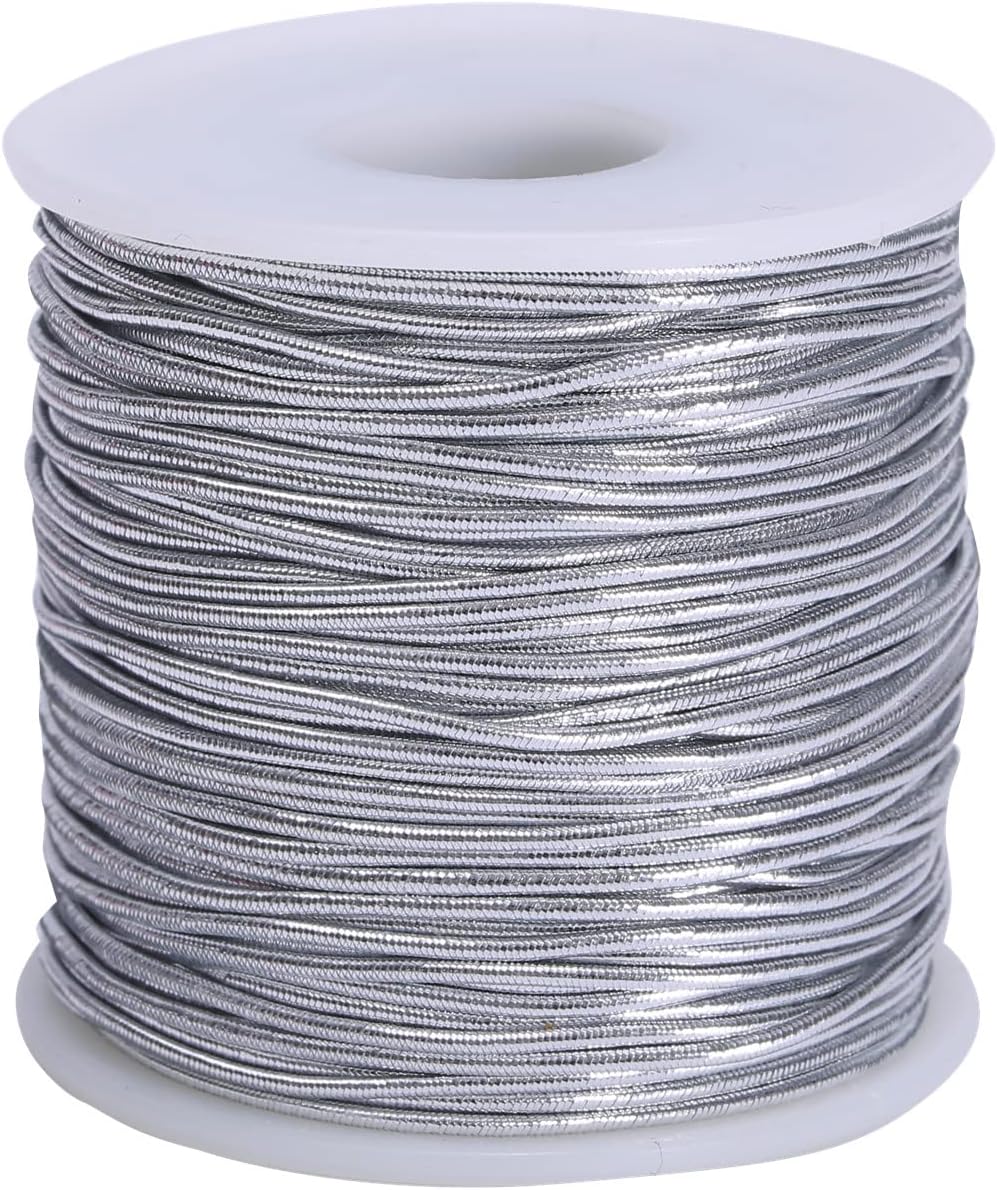 HANGYING Silver Metallic Tinsel Elastic Cord, 1mm 60 Yards Braiding Rope