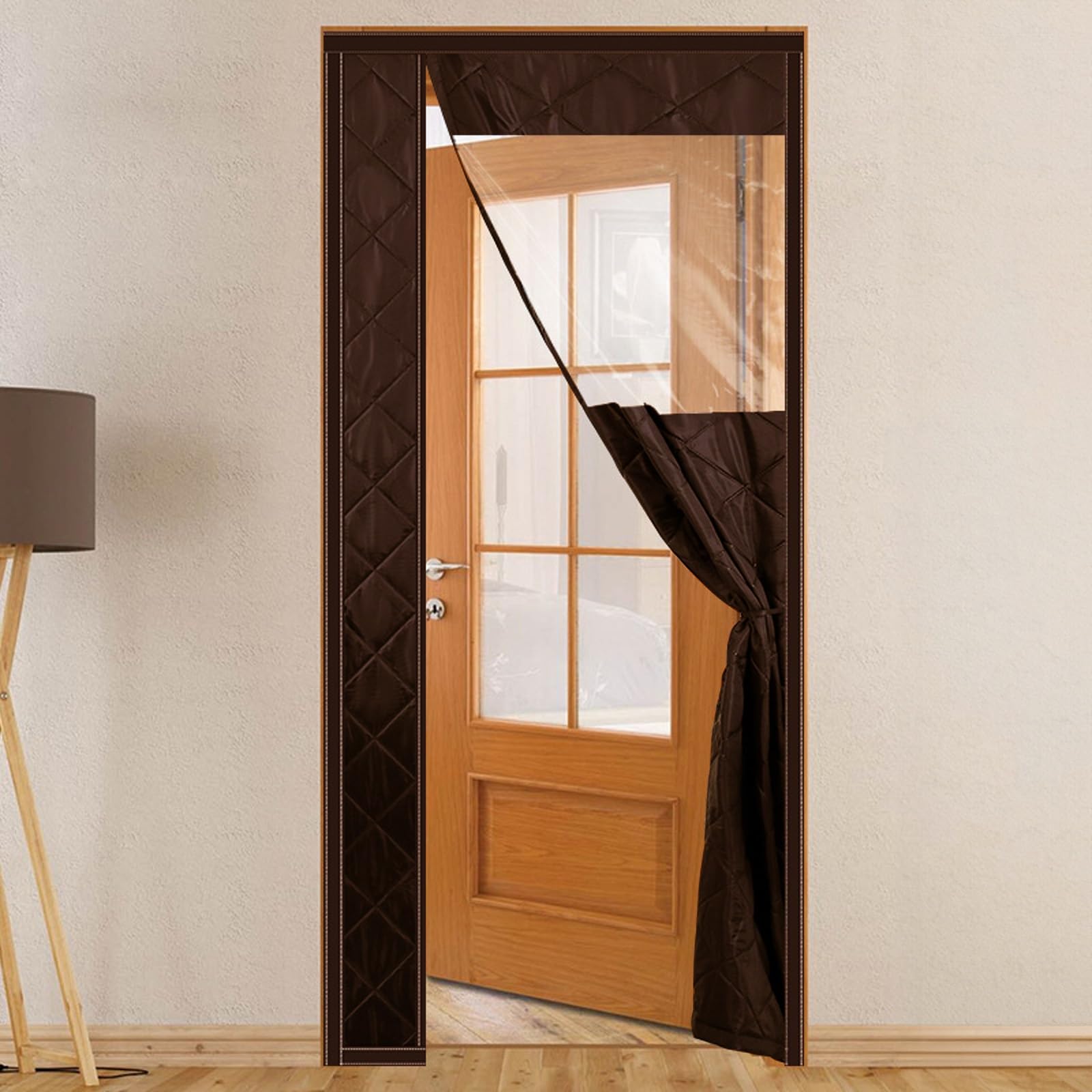 Rideau de porte thermique magnétique marron 60x195cm avec fenêtre
