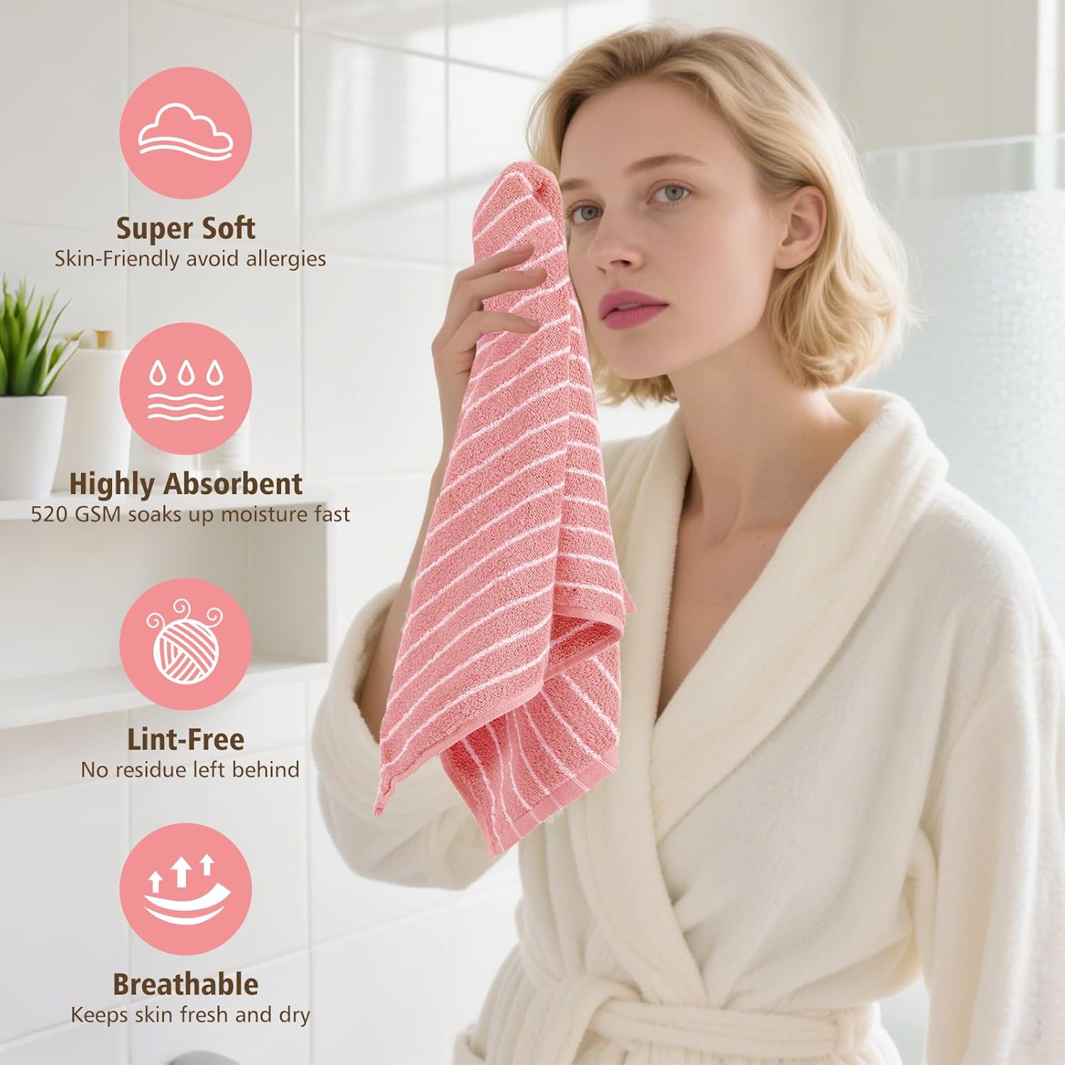 HEAVYWOOD Hand Towels Set of 4 Striped 100% Cotton Reversible, Soft & Absorbent Decorative Hand Towel for Bathroom Clearance (Pink/White Stripe, 4Pack)