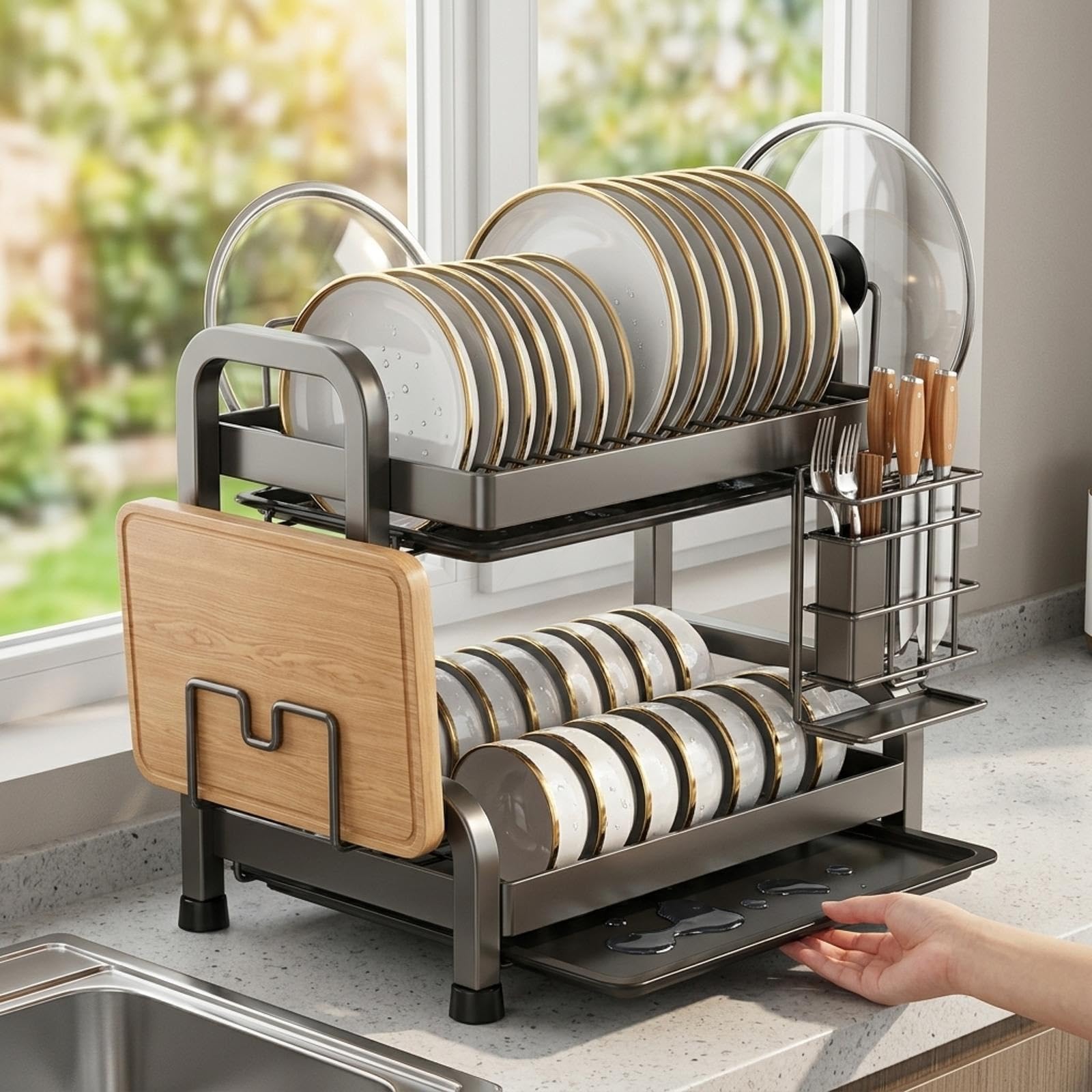 Rejilla for secar Platos de 2 Niveles sobre el Fregadero, | Acero al carbono de alta resistencia, acabado mate resistente al óxido, almacenamiento vertical, diseño modular(36*24*39cm)