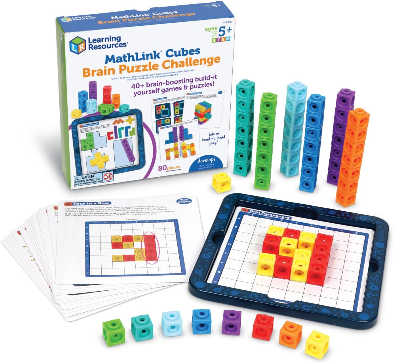 MathLink Cubes Brain Puzzle Challenge, 80 Pieces, Ages 5+, Classroom Must Haves, Preschool Activities, Teacher School Supplies, Math Manipulatives