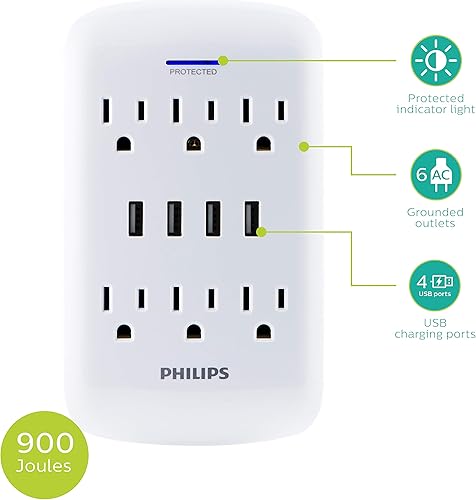 Miniatura 3 de Philips Extensor de 6 salidas con protector de sobretensión de 4 puertos USB, paquete de 2, estación de carga, 900 julios, adaptador de corriente a