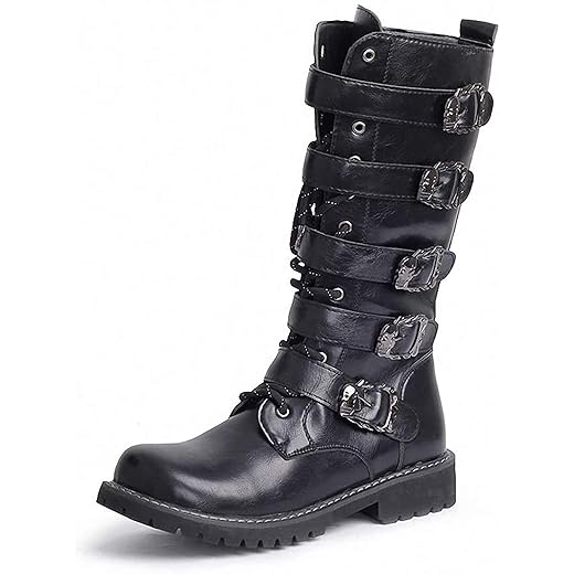 Tebapi Bota masculina longa de couro para motociclista, com zíper lateral, impermeável, motociclista, punk rock, bico redondo, caubói, tática, militar, preta, cadarço