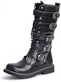 Men&apos;s Leather Motorcycle Long Boots Side Zipper Waterproof Biker Riding Punk Rock Round Toe Cowboy Western Tactical Army Boot Black Lace up Men Shoes