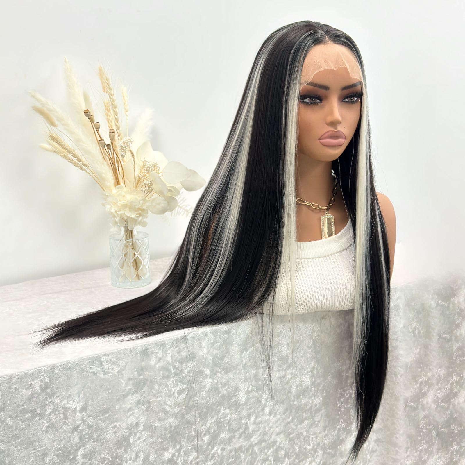 Photo 1 of SALLYWELL White Highlights Straight 13×4 Lace Front Wig Black And White Lace Front Wig Heat-Resistant Synthetic Fiber With 180% Density Pre-Plucked Hairline For Women Daily Party Use(24 Inch)