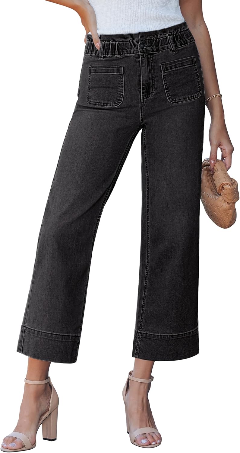 luvamia Wide Leg Jeans for Women Cropped High Waisted Patch Pocket Paper Bag Waist Stretchy Denim Pants Trouser Jeans