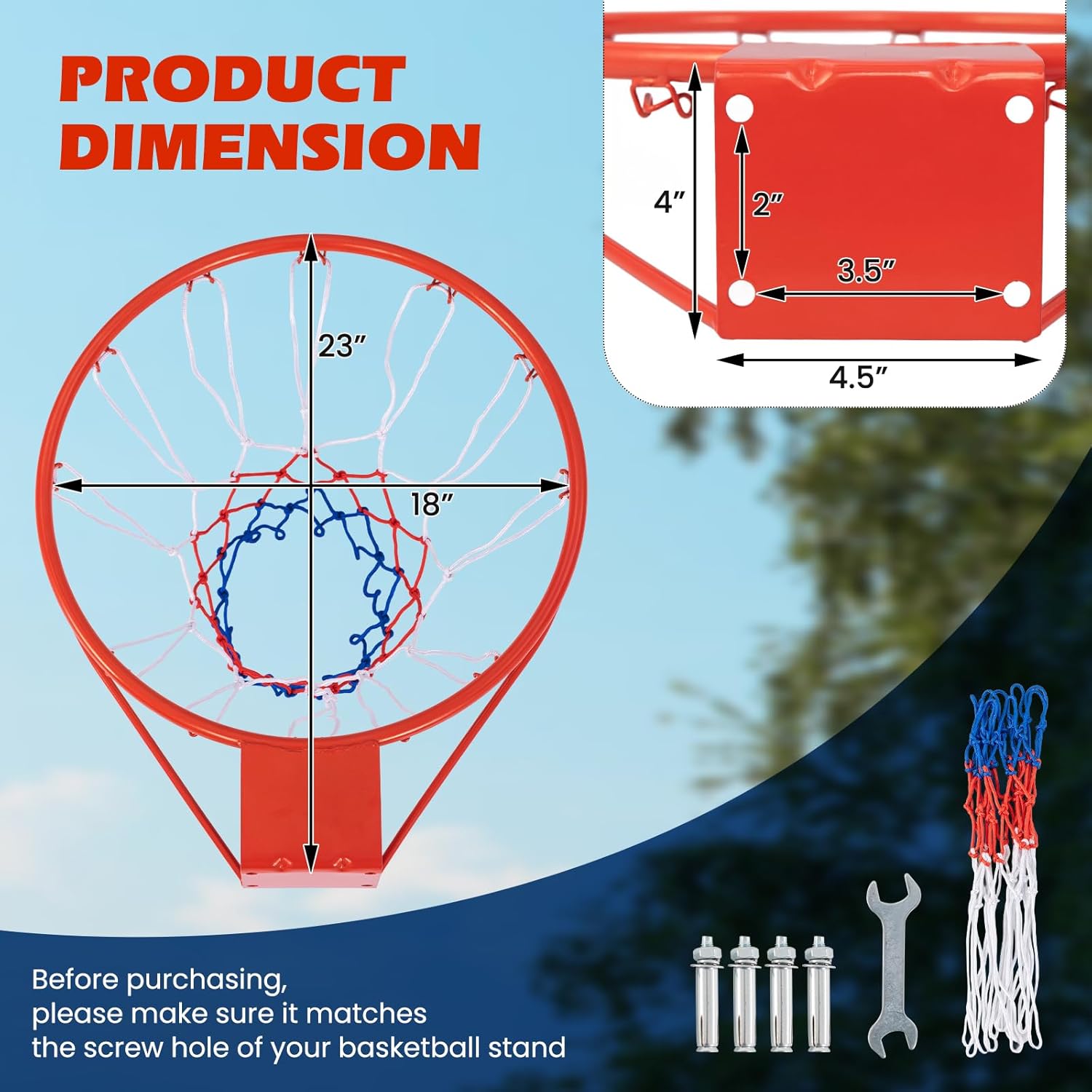 KOTEK 15"/18" Basketball Rim, Wall Door Mounted Basketball Hoop Replacement with All Weather Net, Basketball Rim Goal for Indoor Outdoor Driveway Garage Backyard