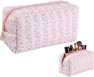 Floral Makeup Bag Travel Cosmetic Pouch | Quilted cotton fabric, pink coquette aesthetic, dual zipper closure, portable organizer, 8.66x4.33 inches, women gift