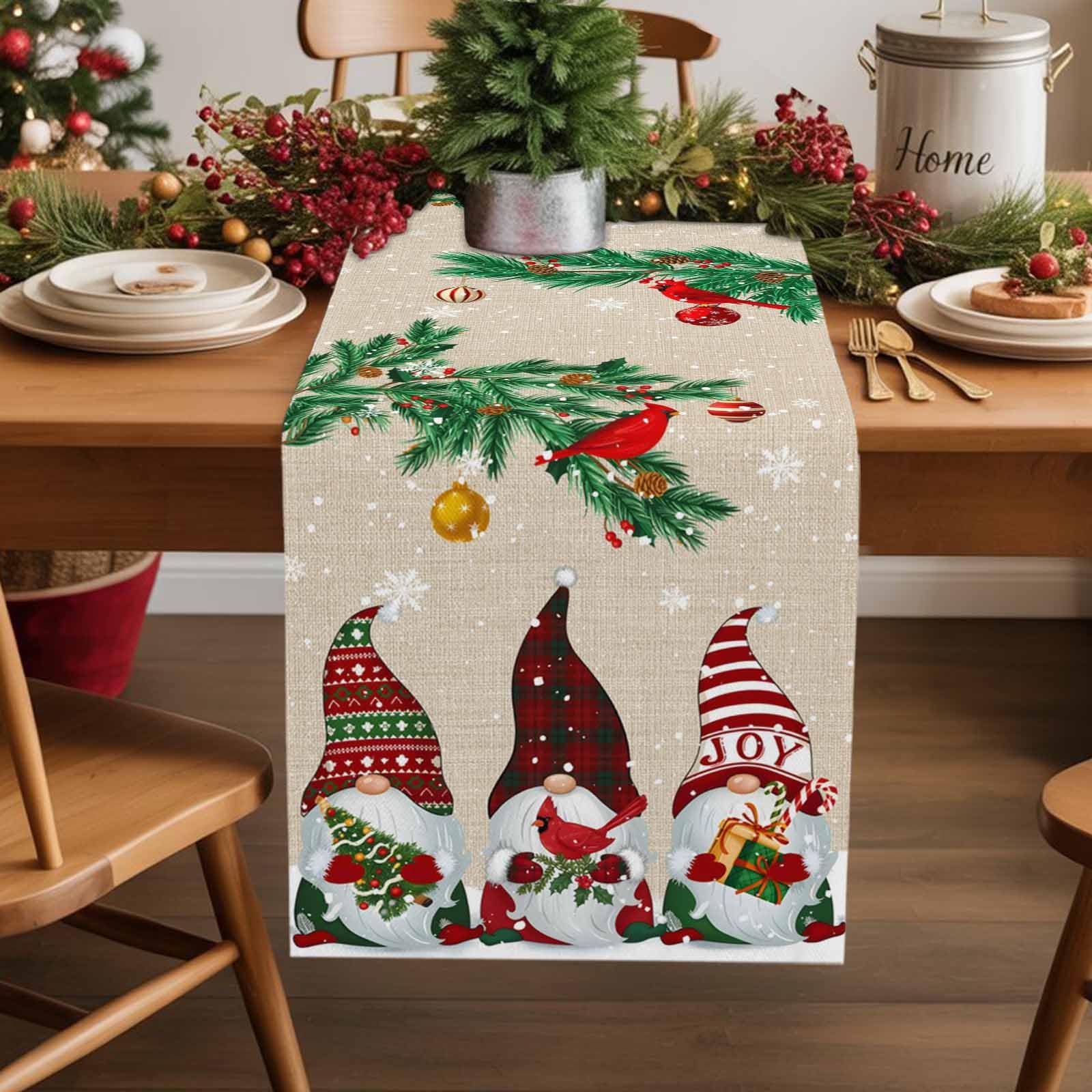 Teamery Christmas Gnome Table Runner for Kitchen Decor, Seasonal Winter Xmas Holiday Burlap Runners, Home Decor Cardinal Tree Wedding Farmhouse 13x72