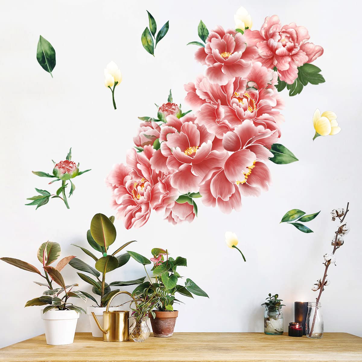 Dozesheep Pink Large Peony Flower Wall Decals - Romantic Blooming Wall Mural Floral Wall Stickers, Botanical Mural Style Wall Decor For Bedroom, Living Room, Entryway, And Home Office