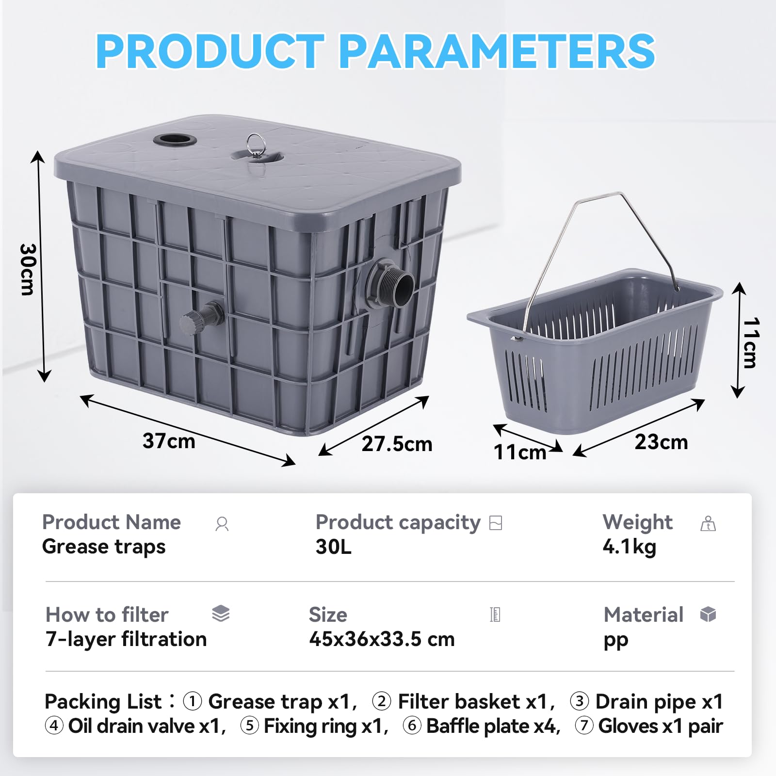 YUCHENGTECH Interceptor de Grasa Comercial 30L Separador de Grasa de PP Separador de Agua y Aceite Trampa de Grasa para Cocina, Cantina, Restaurante 46x35x30cm