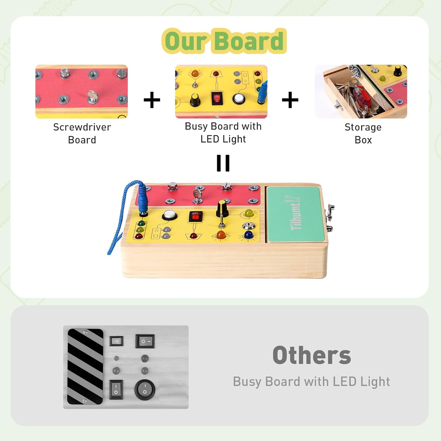 Tilhumt Busy Board with LED Light with 8 in 1 Toddler Busy Board Book, 2-in-1 Montessori Screwdriver Set for Boy Ages 1-3 Travel, Felt Book for Baby Educational Activities Fine Motor Skills