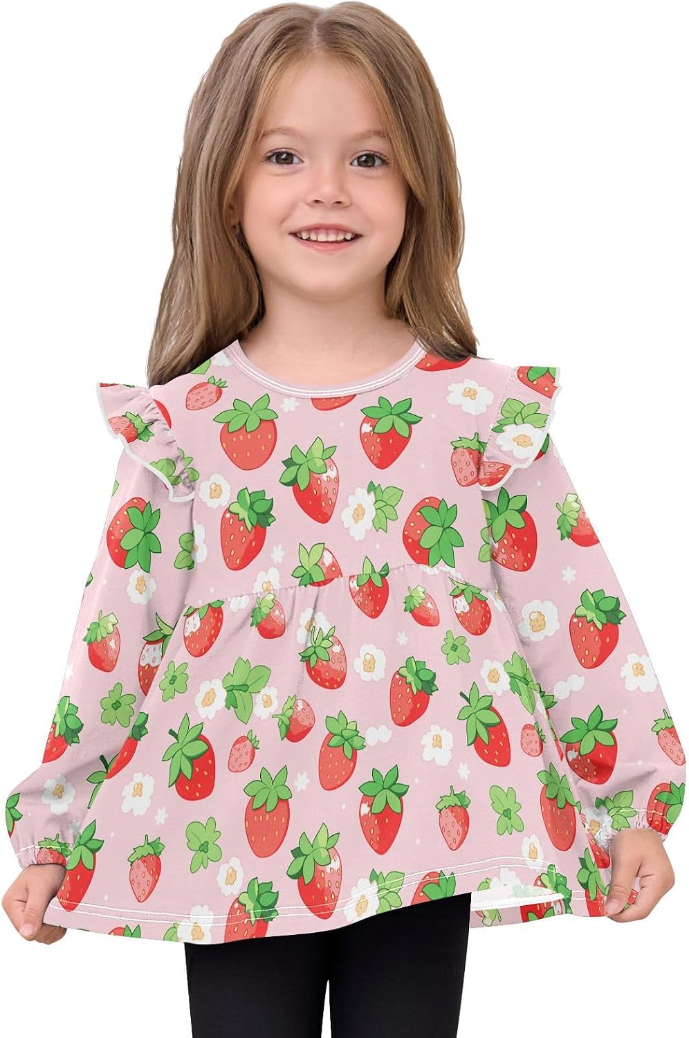 visesunny Toddler Clothes for Girls Strawberry Flower Pink Long Sleeve Fall Shirts Cotton Top with Ruffle Collar