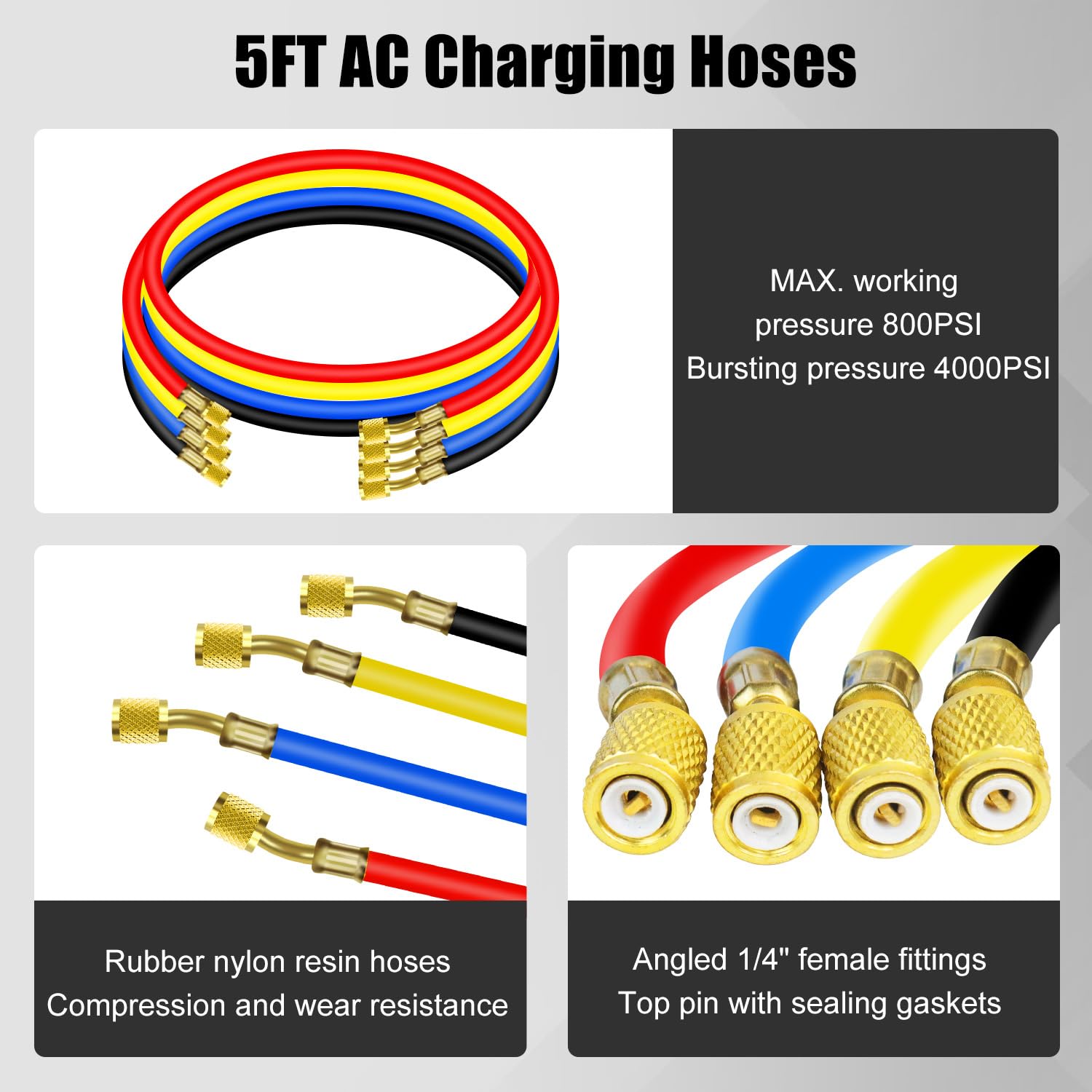 AC Manifold Gauge Set, 4 Way HVAC R134a R404a R410a Refrigerant Charging Tool Kit, with Hoses Coupler Can Tap Adapter Case, for Residential Auto Air Conditioner Diagnostic Test and Recharge