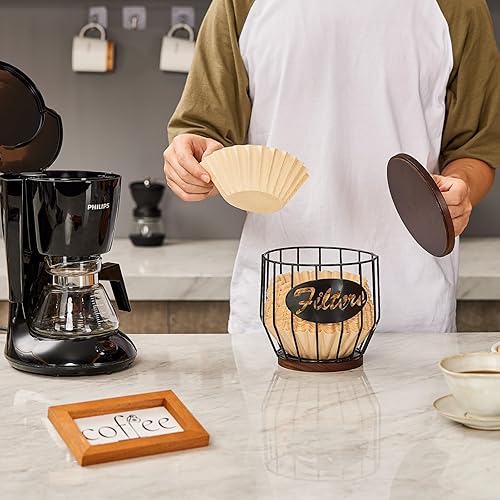 Miniatura 7 de Yangbaga Soporte para filtros de café de 8 a 12 tazas con tapa de madera, cesta de almacenamiento de filtro de café de gran capacidad, estuche