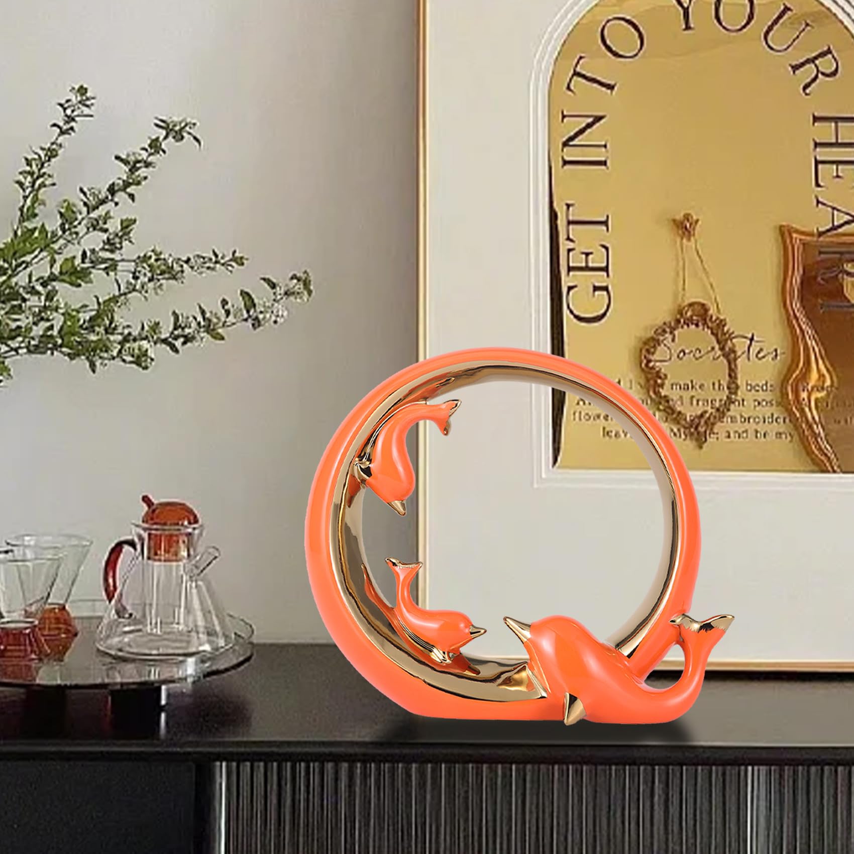 YUNSHIDElegant Orange Gold Dolphin Decor Statue- Modern Minimalist Ceramic Sculpture for Home & Office, Aesthetic Centerpiece, Dolphin Gifts