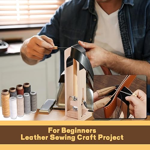 Miniatura 6 de LUNARM Poni de costura de cuero, abrazadera de cuero para poni, abrazadera de caballo de escritorio con agujas de coser de ojo grande, hilo