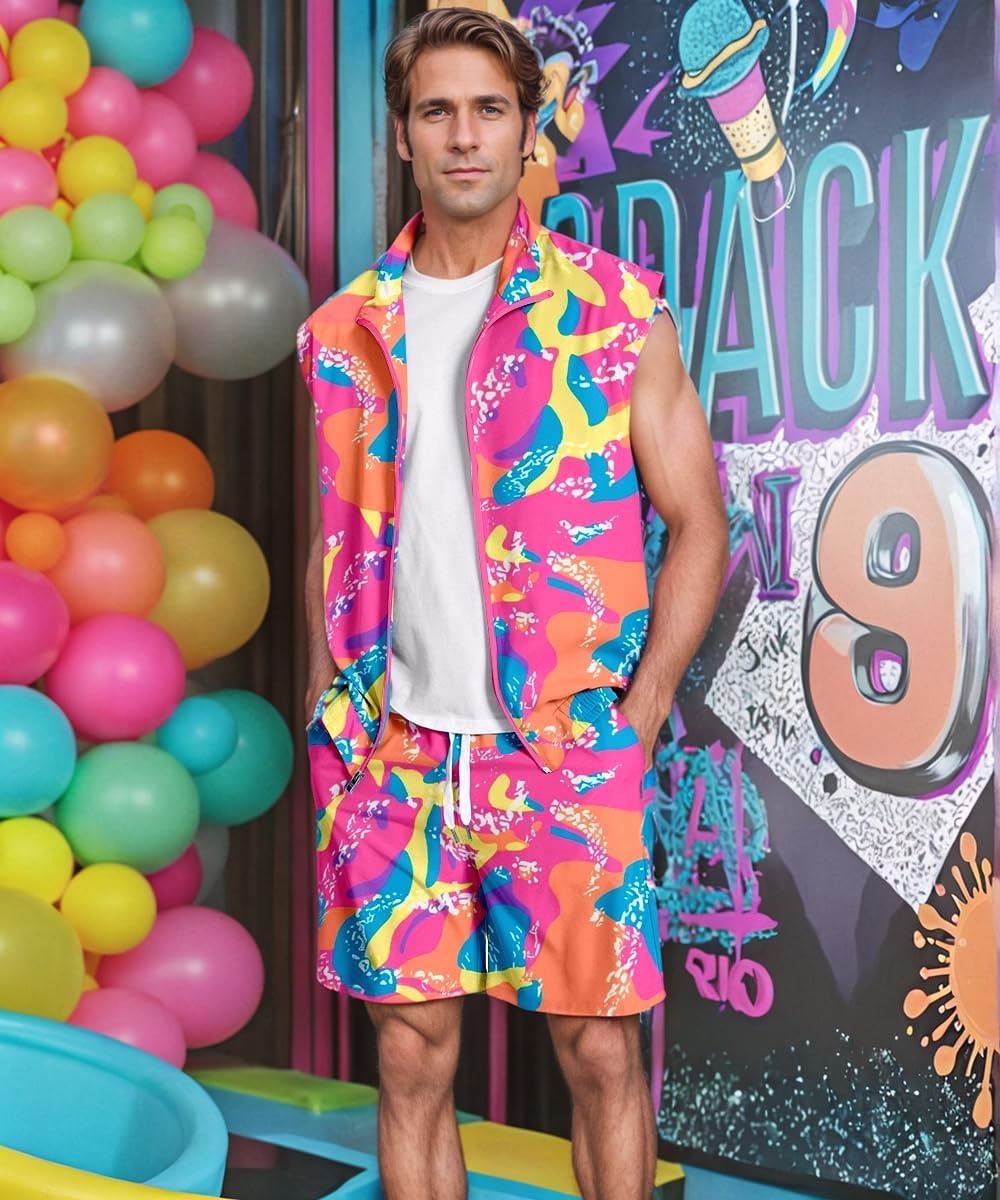 UOUA Men 80s Outfit 90s Costume 2 Piece Shorts Set Themed Party Clothes - Image 2