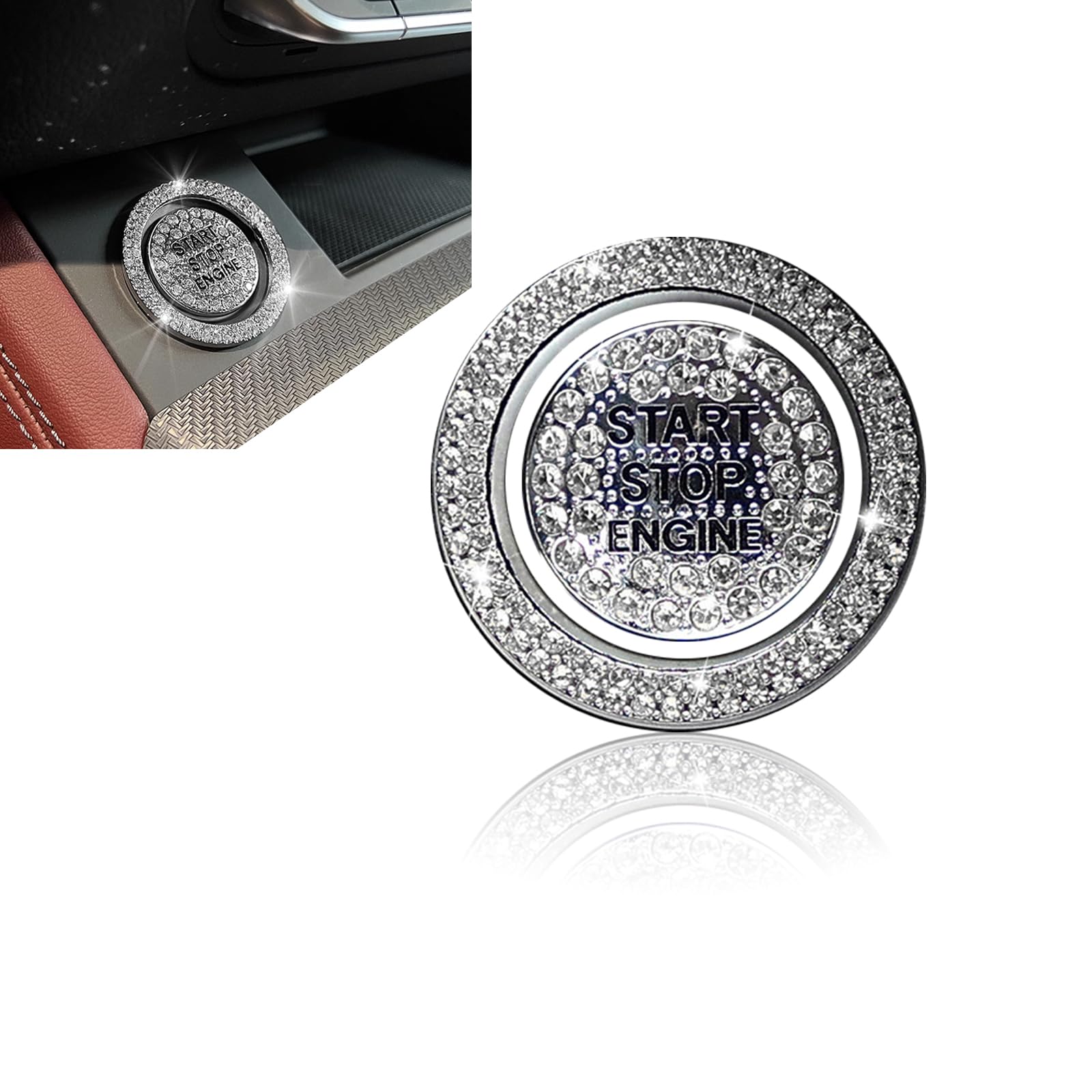 2 Pack Car One-Button Start Decorative Ring, Bling Waterproof Vehicle Start Button, Universal Anti-scratch Automotive Key Ignition Knob Ring Accessories for Truck SUV Car (White)