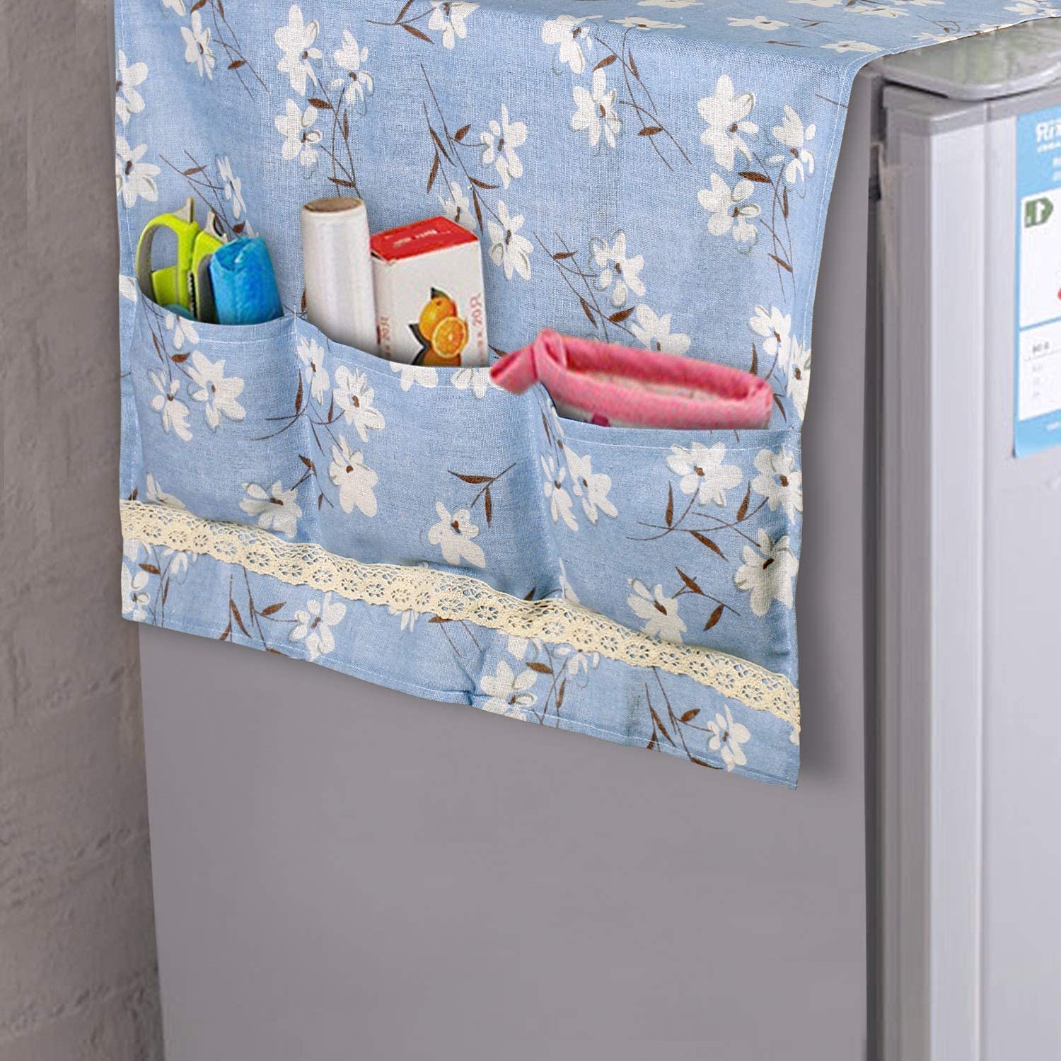 Zollyss Fridge Cover Top | Cotton Cloth Anti-Dust Cover with Pockets, Waterproof Washable Fridge Cover Double Door & Single Door Protection, Durable Dust & Stain Resistant (Blue) 1