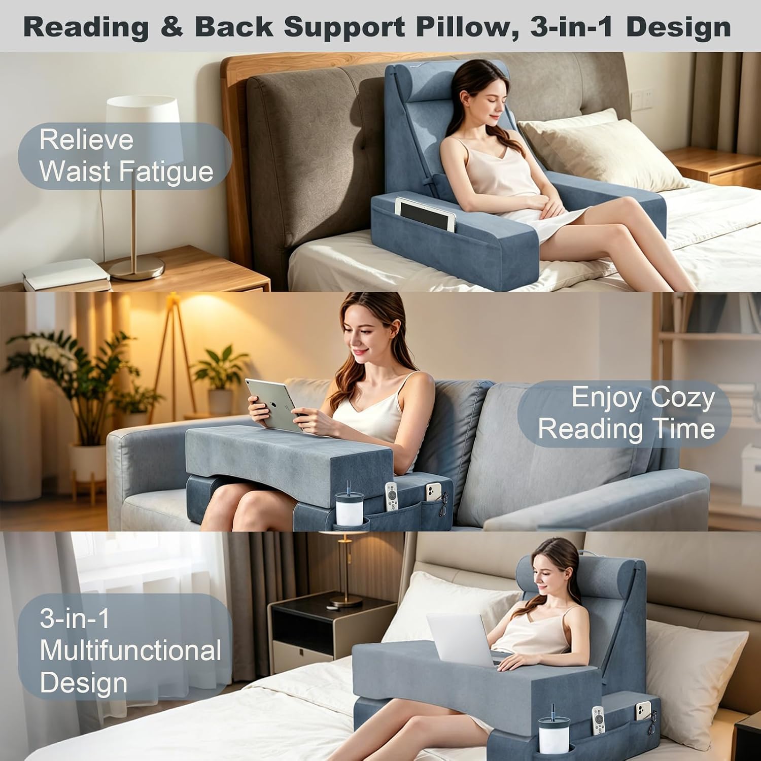COZEER 3‑in‑1 Reading Pillow for Bed with Adjustable Independent Lumbar Support & Headrest, Wedge Pillow Set for After Surgery with Sponge Lap Desk, Detachable Armrest Design for Home Office (Upgrad)