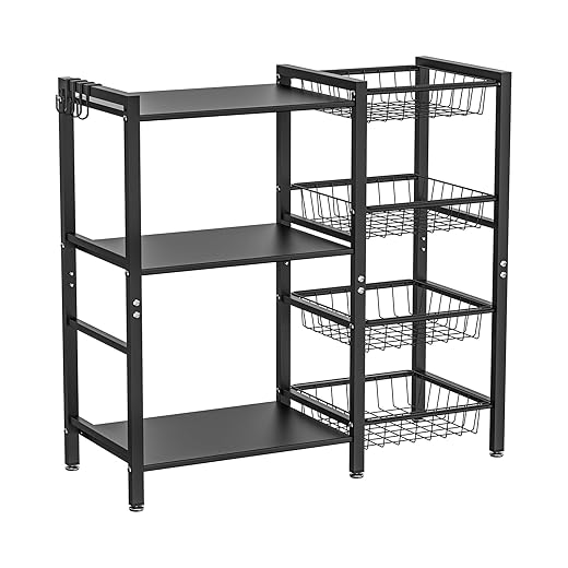 Storage Rack Kitchen Baker's Rack - 3 Tiers 4 Baskets, Utility Coffee Bar, Air Fryer Stand with Steel Mesh Baskets