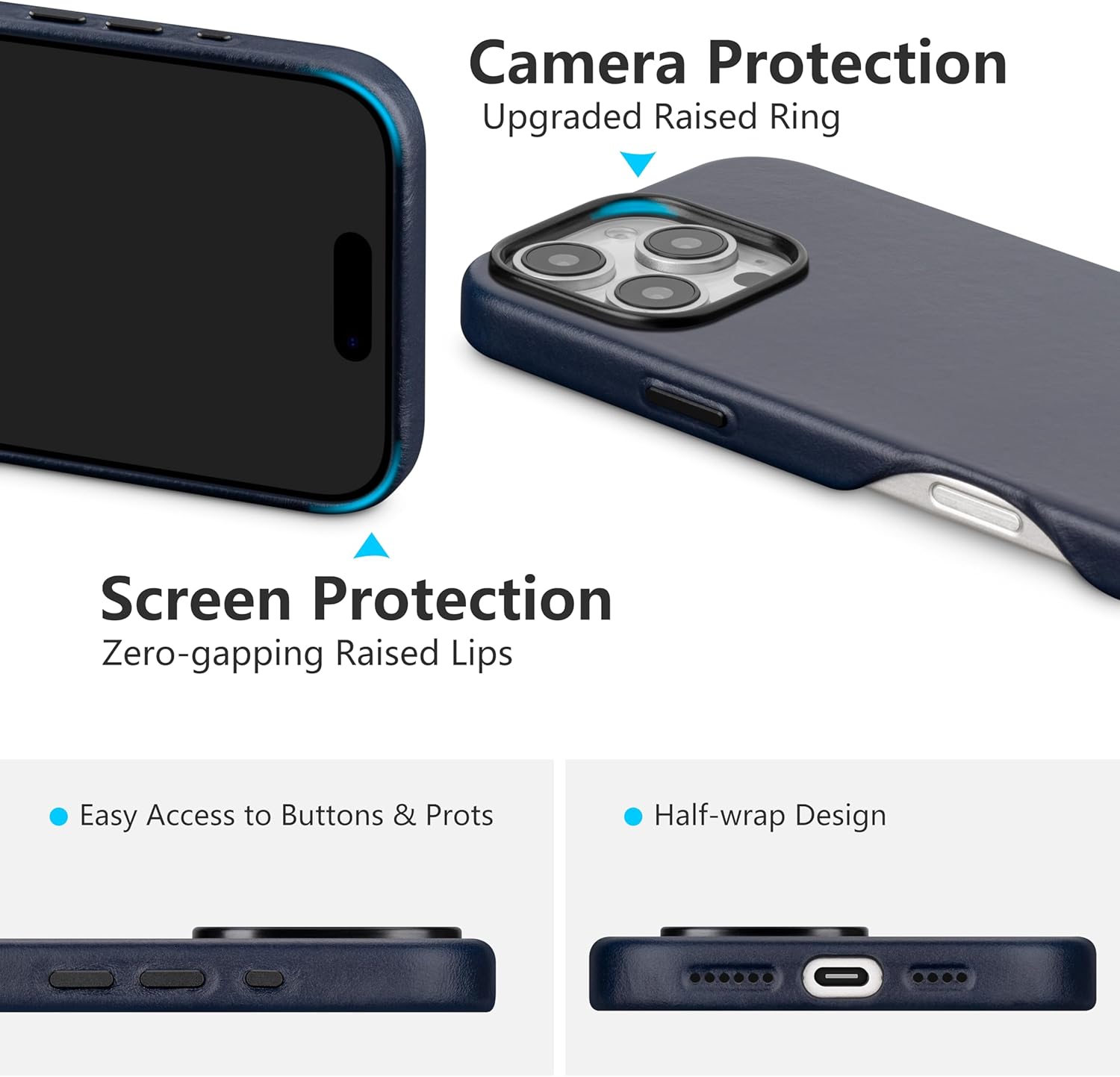 maogoam for iPhone 16 Pro Max Case Leather 6.9 inch, Compatible with MagSafe, Genuine Veg-Tanned Oil Wax Top-Grain Leather, Metal Buttons & Camera Bump Frame, Elegant Style, Blue