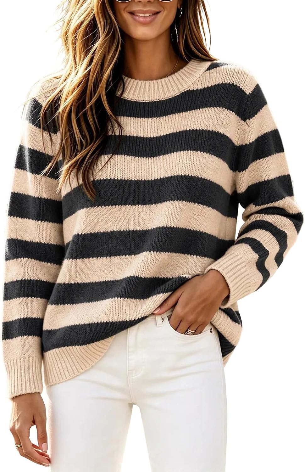 Womens Sweaters Cute Striped Crew Neck Loose Pullover Tops