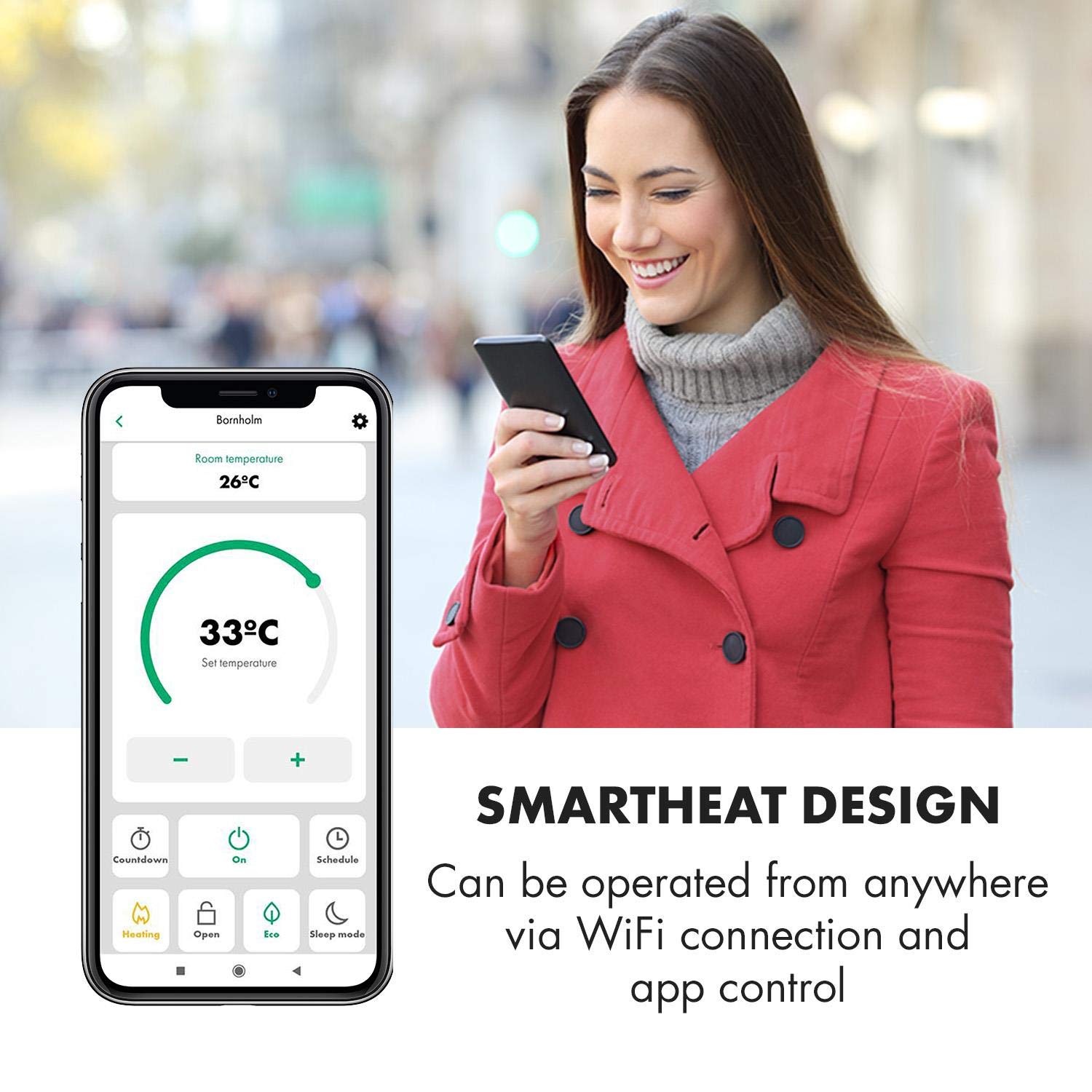 Klarstein Bornholm Single Smart - calentador de convección, pantalla LED, pantalla táctil, temporizador, control de aplicaciones, 2 niveles de calentamiento 500 y 1000 vatios, termostato 5-45 ° C,