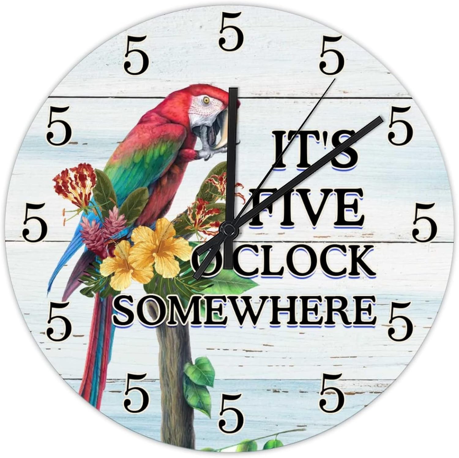 15 Inch It's 5 O'Clock Somewhere Parrot Wall Clocks Battery-Powered with Quartz Movement Beach Parrot Paradise Rustic Wooden Art Hanging Clock Round Clock for Living Room Bedroom Office Kitchen School