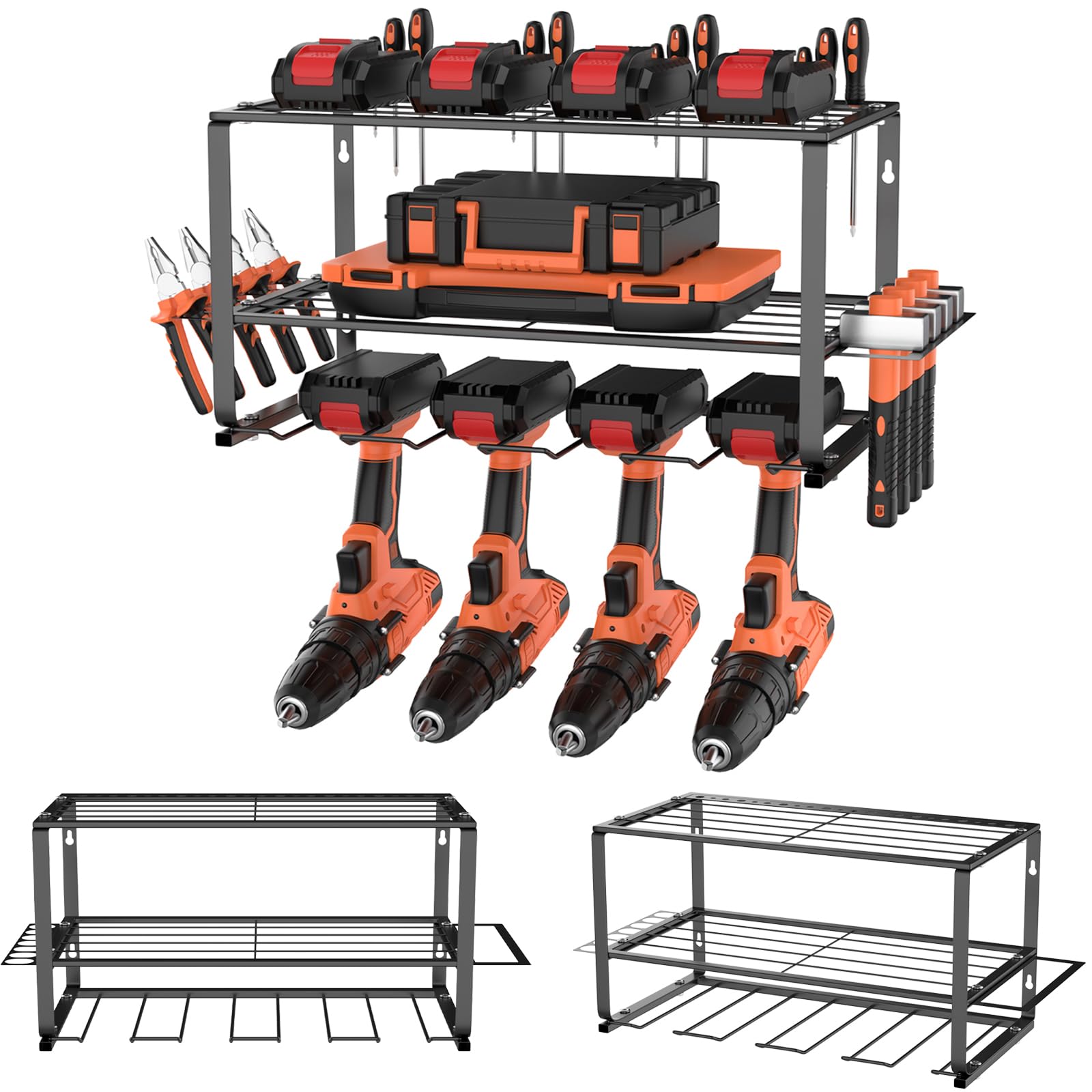 3-Tier Power Tool Organizer Storage Rack, 150lbs Load Heavy Duty Wall Mount for 4 Drill Holders Layers Tool Rack Floating Tool Shelf Garage Wall Shelvingfor Garage, Home, Workshop, Black, 40x20x21.5cm