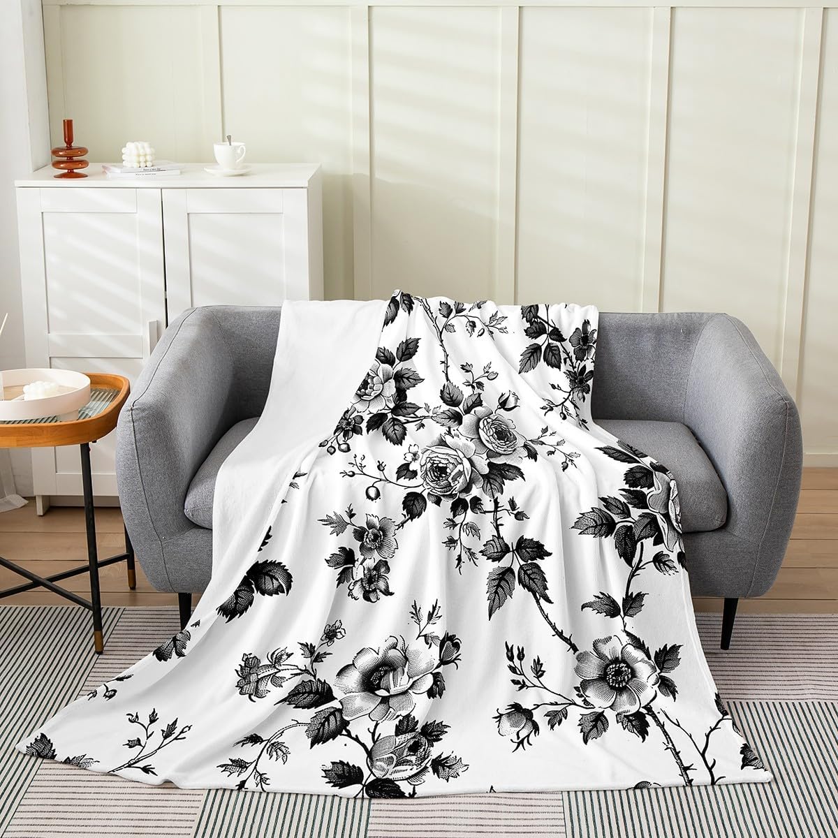 Feelyou Flower Blanket Queen 90"x90" Botanical Floral Printed Plush Throw Blanket for Kids Boys Girls Blossom Flowers Pattern Flannel Fleece Blanket Natural Theme All Season Bed Blanket Black White
