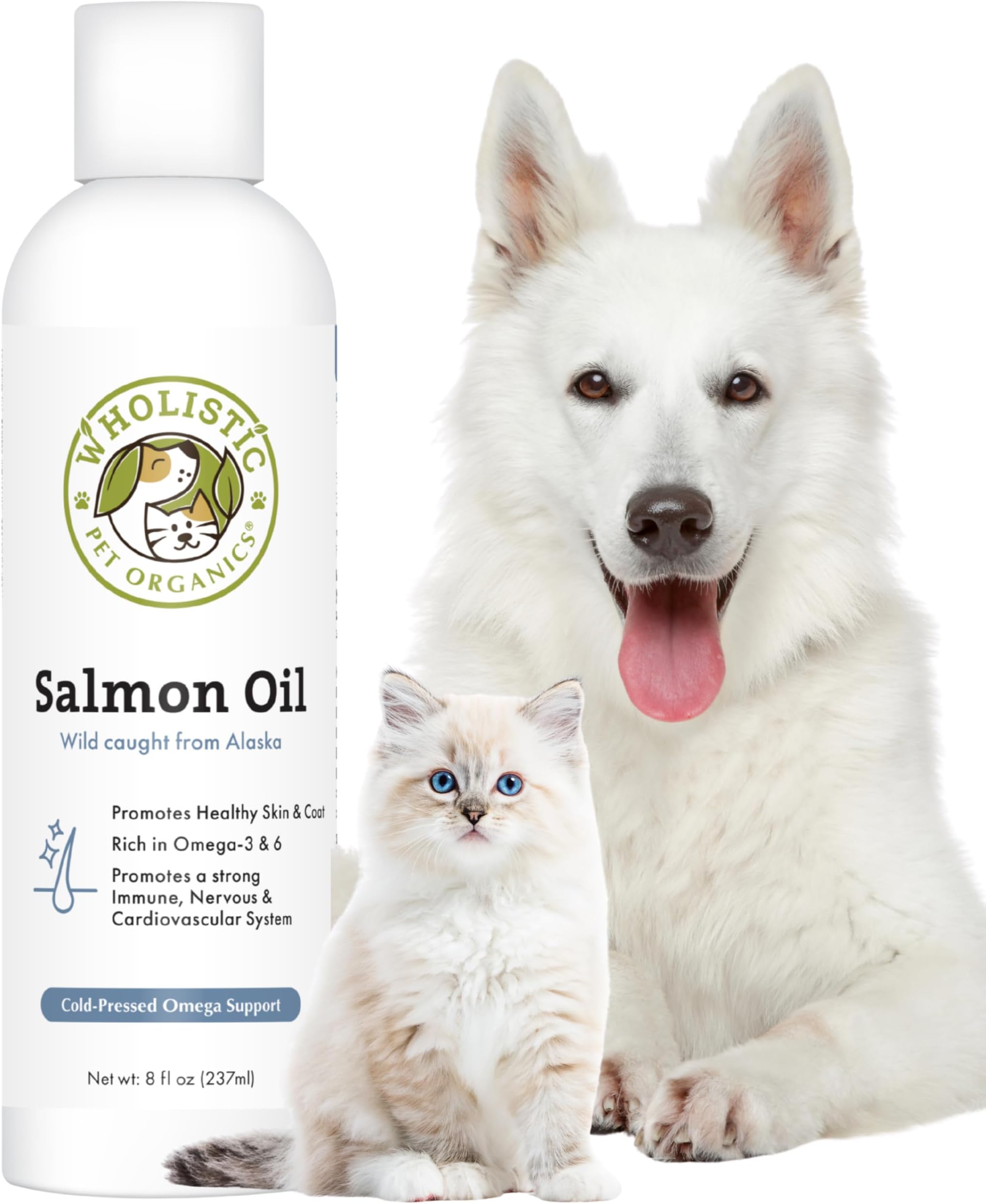 Wholistic Pet Organics Wild Alaskan Salmon Oil for Dogs and Cats - Omega 3 Fish Oil for Dogs & Cats - Cat & Dog Skin and Coat Supplement for Heart, Joints - DHA, EPA Omega 3 Liquid Food Topper - 8 oz