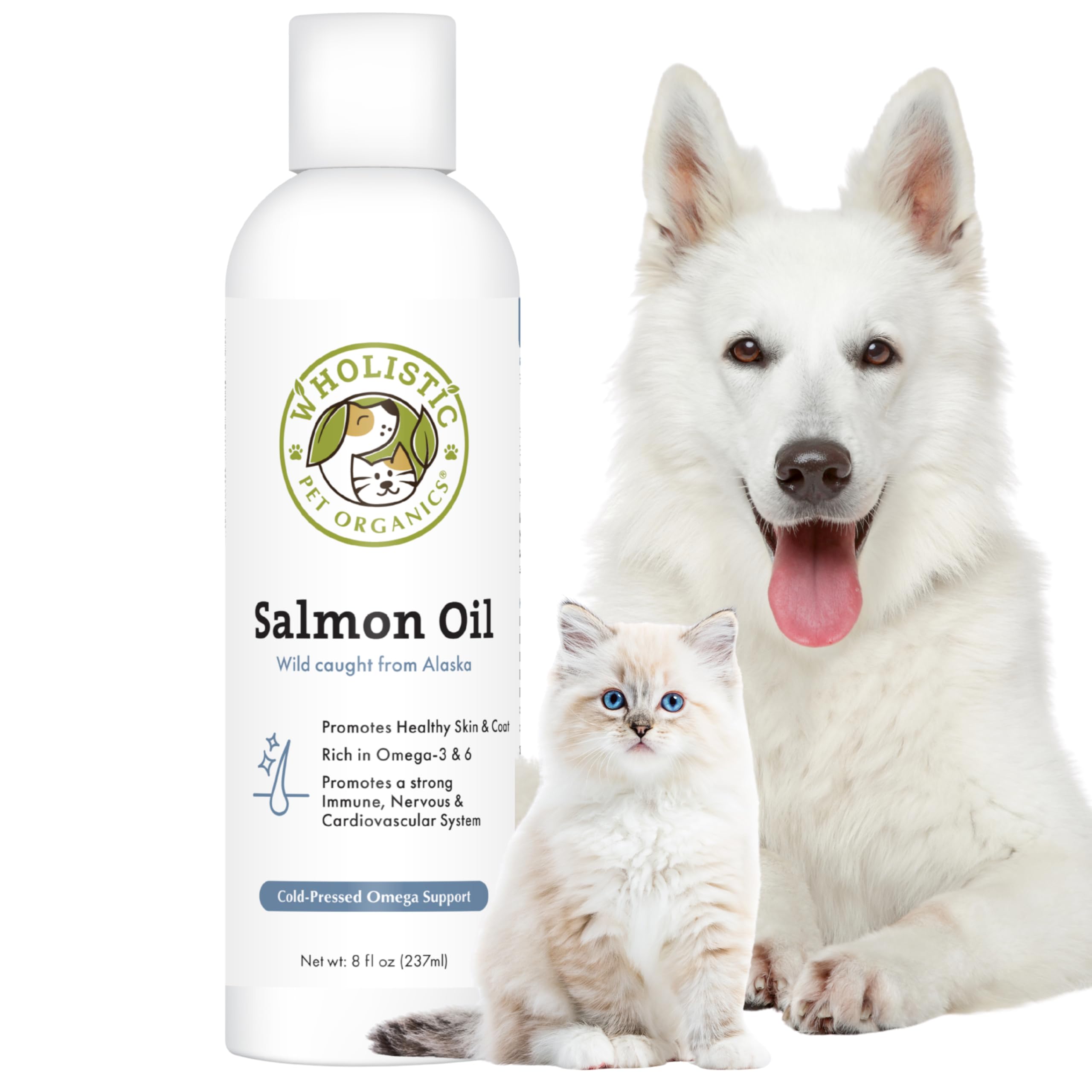 Wholistic Pet Organics Salmon Oil: Deep Sea Wild Alaskan Salmon Oil for Dogs and Cats - Natural Omega 3 Dog Fish Oil Supplement with EPA and DHA for Skin, Coat, Heart and Nervous System Health