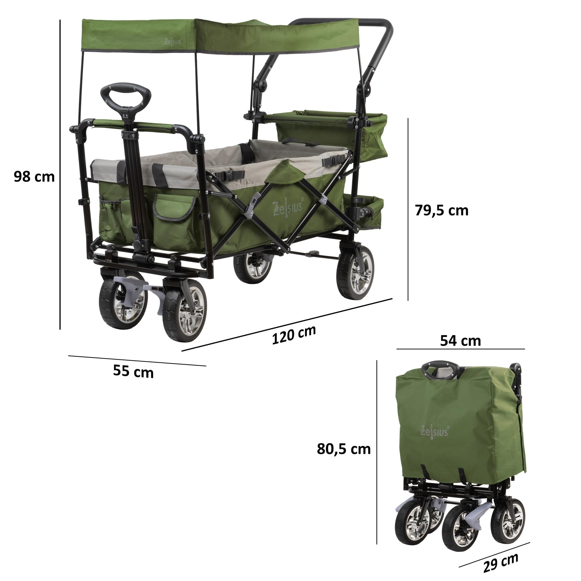 Zelsius Chariot de transport pliable avec toit | Vert/gris | Chariot de transport avec système de sangle | Chariot à main pliable | Chariot de jardin pliable avec toit pare-soleil et diable de