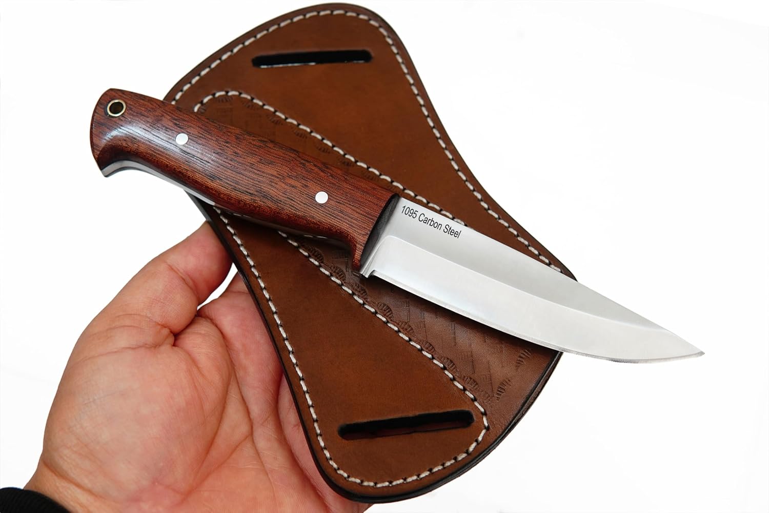 Ottoza Full Tang Bushcraft Knife with 1095 Carbon Steel Fixed Blade - Survival and Outdoor Camping Knife - Ballad Wood Handle Brown Leather Sheath 404