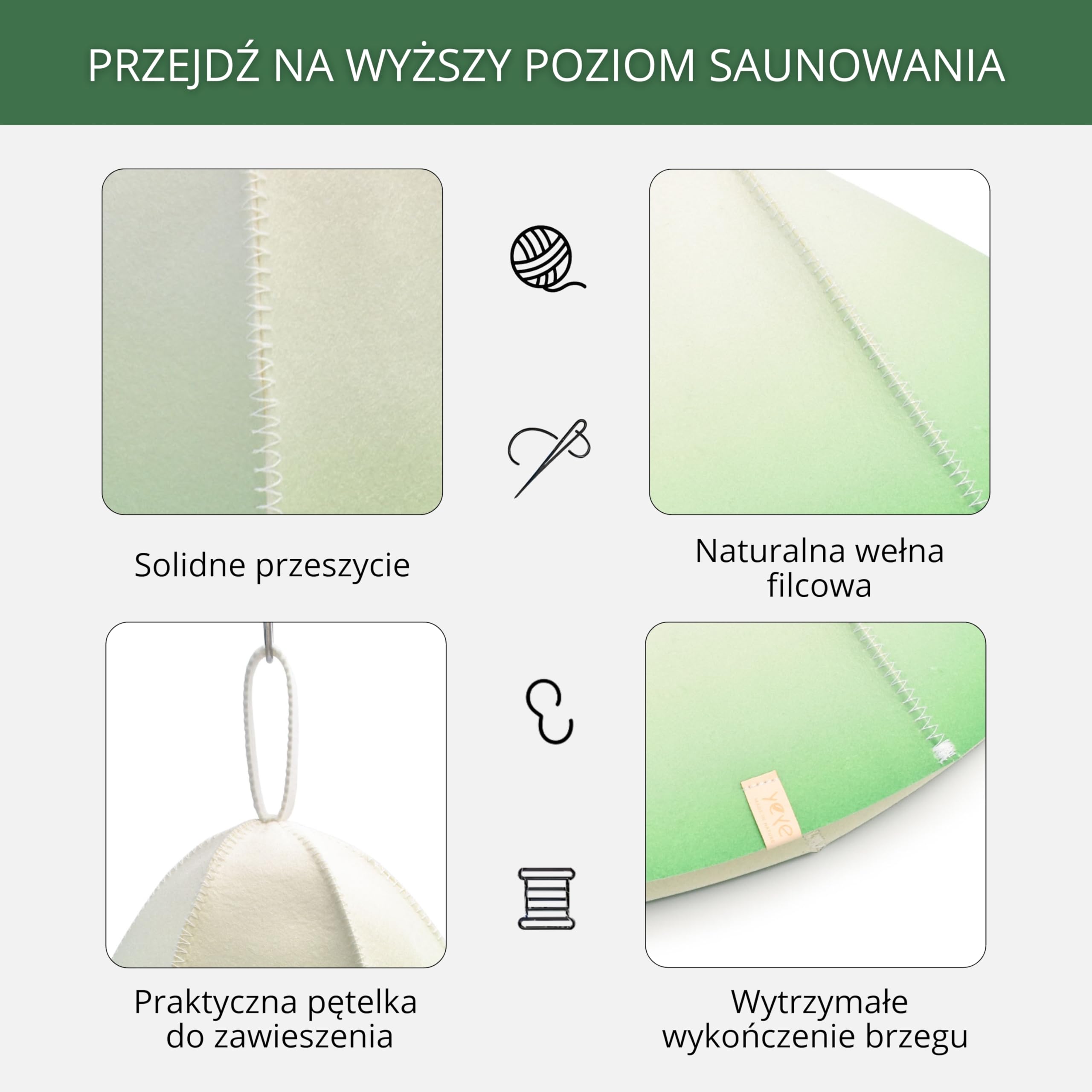 Czapka do sauny z naturalnej wełny filcowej GRADIENT - chroniąca włosy i głowę, szybkoschnąca, uniwersalna - Naturalne akcesoria do sauny dla kobiet i mężczyzn - YEYE Made in Nature (Zielony)