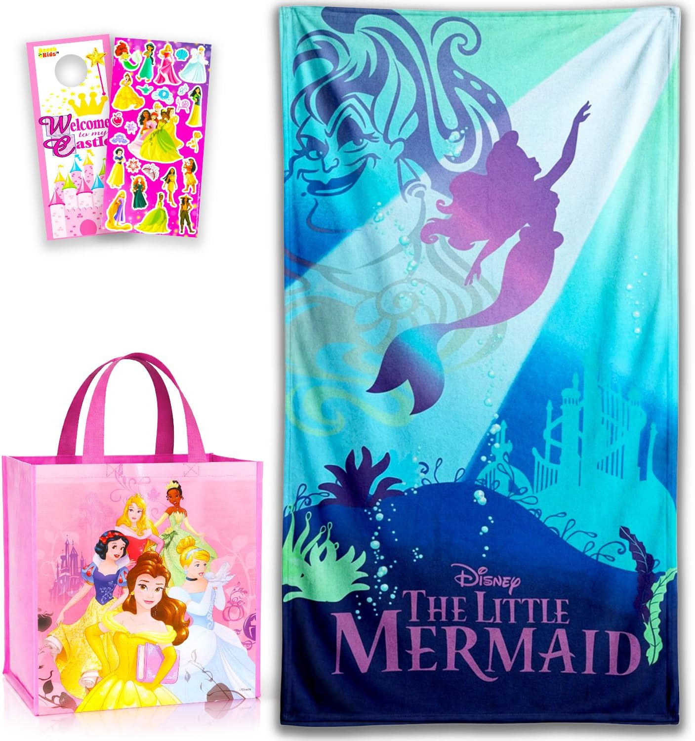 Little Mermaid Towel Set for Kids Bundle - 40" x 72" Towel, Tote Bag, More | Large Little Mermaid Beach Towel With Disney Princess Tote Bag, Stickers, More | Little Mermaid Ariel Towel for Pool, Beach