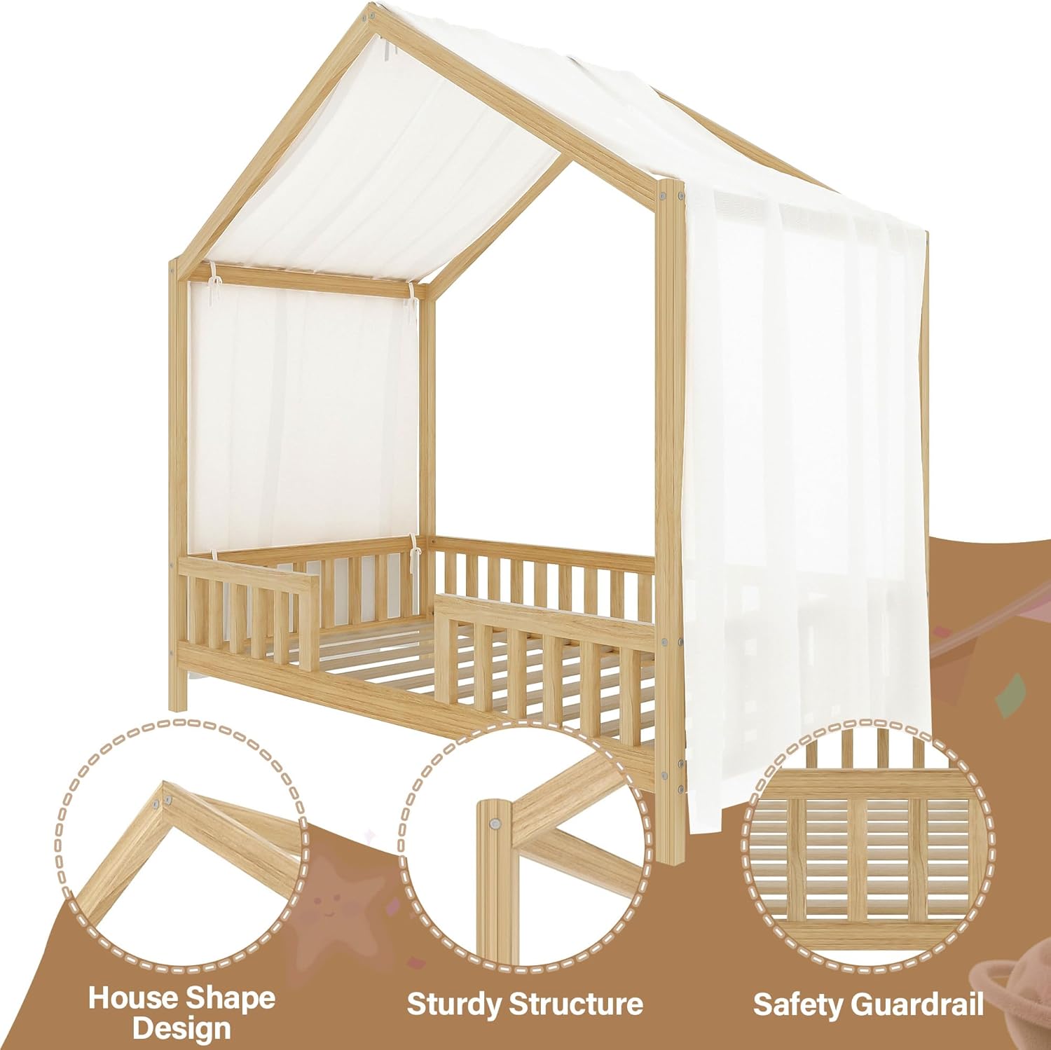 Bellemave Twin Size Montessori Bed with Canopy and Rails, House Montessori Bed with Slats and Fence, Twin Size Bed Frame for Girls, Boys, Natural