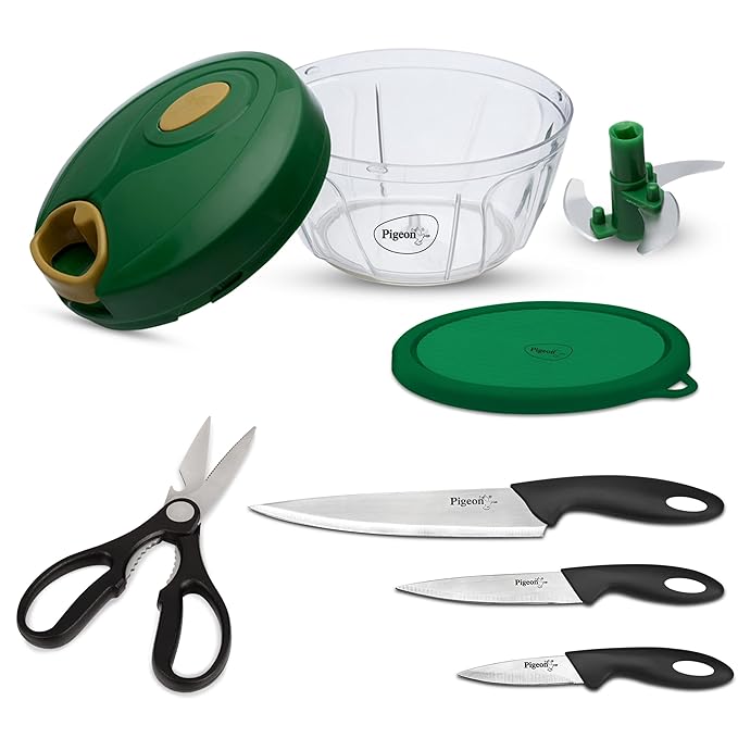 Pigeon by Stovekraft Kitchen Tools Value Combo (400ml Chopper & Storage, 3 Knives Set, 1 Kitchen Scissor) at Rs. 399
