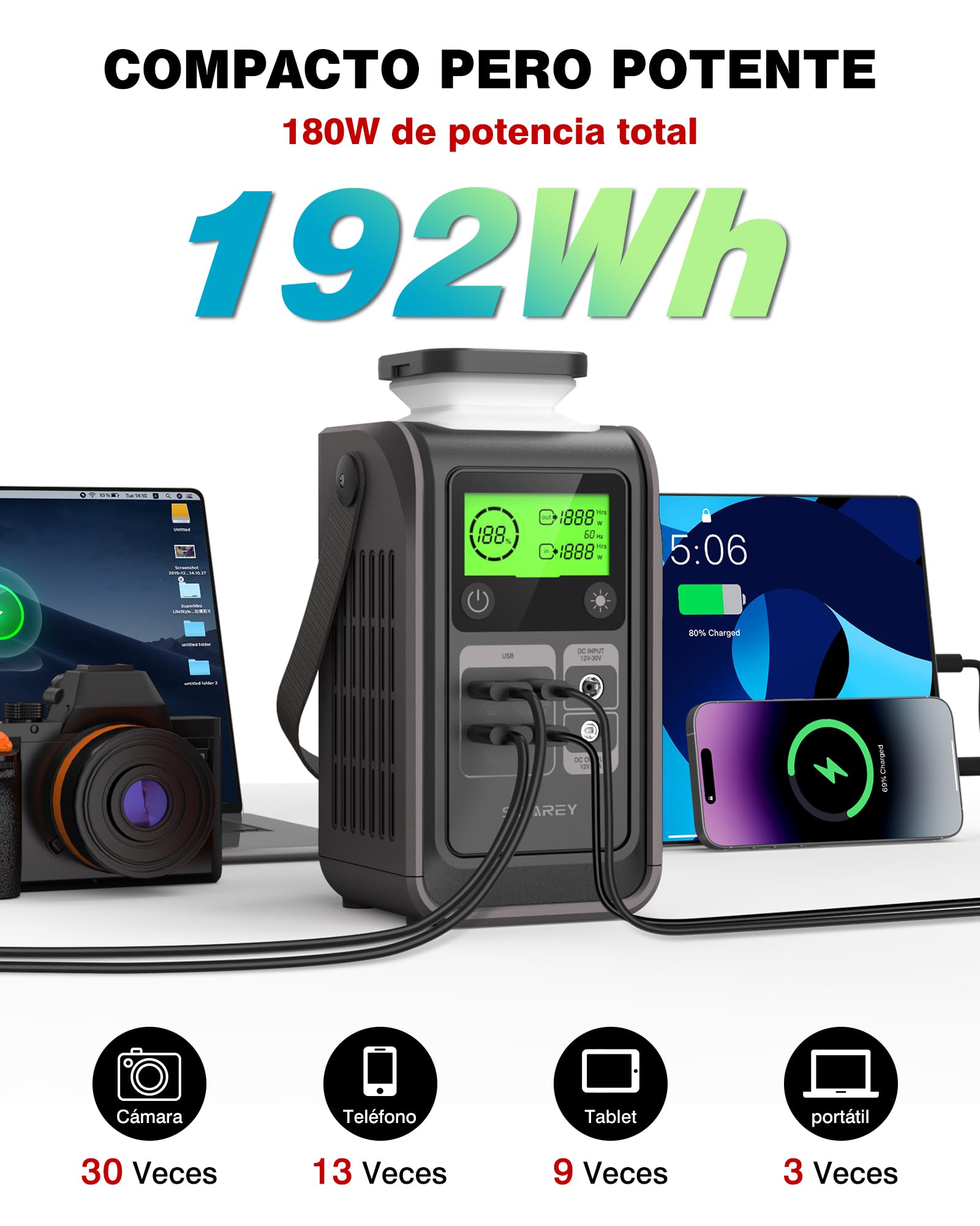 Estación de Energía Portátil S200, 192Wh Batería LiFePO4, Salida DC 180W, Carga Rápida Bidireccional USB-C de 140W, Generador Solar para Camping Viajes Emergencias