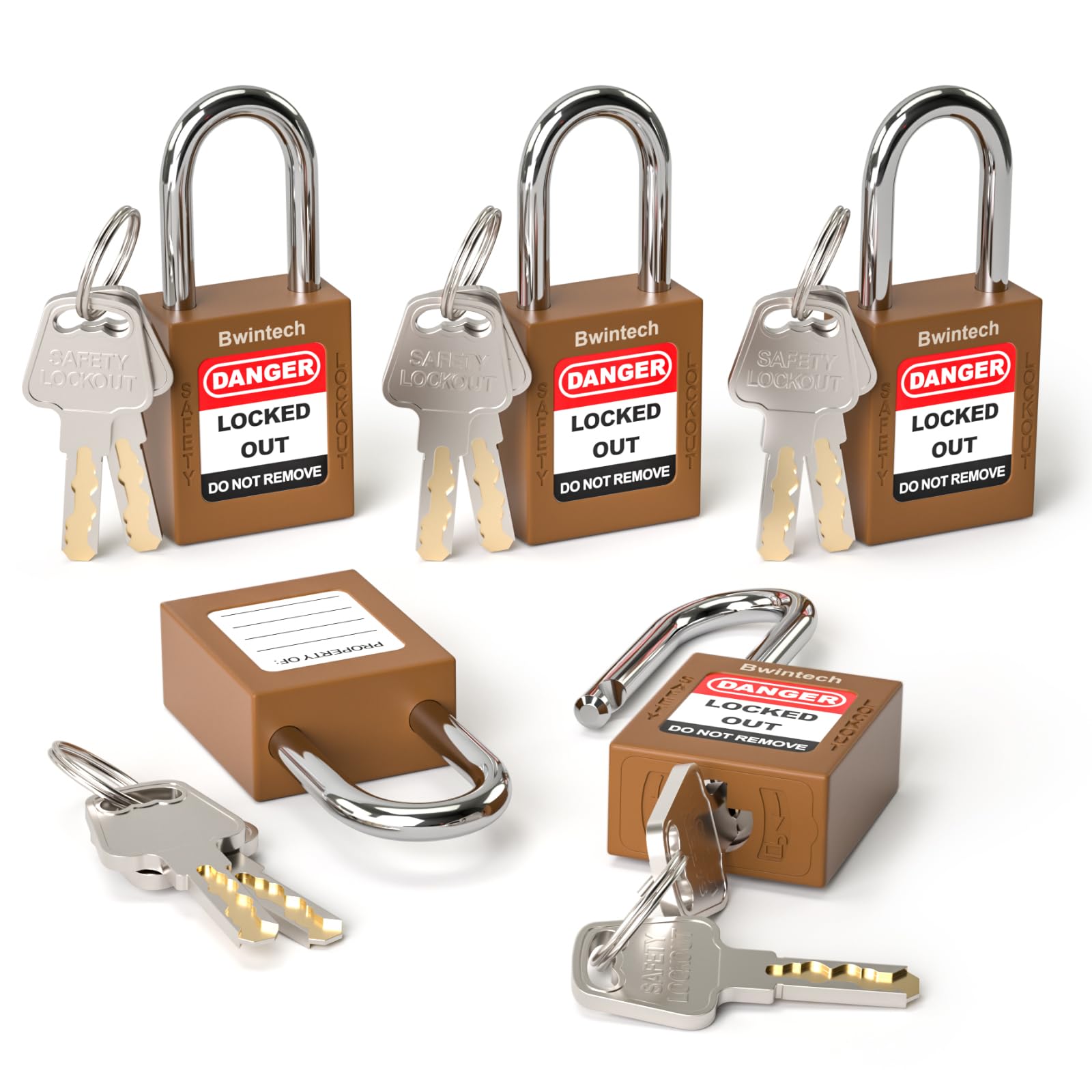 Bwintech 5 Pcs 38MM Keyed Different Brown Safety Padlock Lockout Tagout Lock for Lock Out Tag Out Stations and Devices