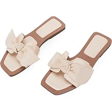 LAICIGO Bow Sandals For Women Dressy Cute Flat Sandals Square Toe Slides