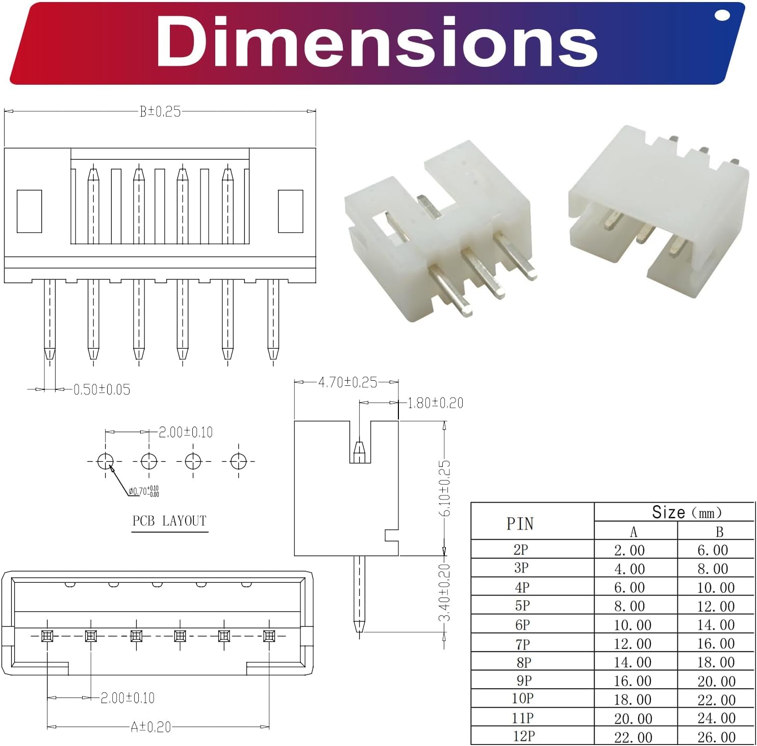 JST PH2.0 DIP Header Jst 2mm Pitch IC Socket Plugs Adapter JST Connector Kit 96Pcs, JST-PH 2/3/4/5/6/7/8/9/10/12Pin DIP Header Through Hole Mounting Top Type Vertical Header（PH2.0-DIP-Ver