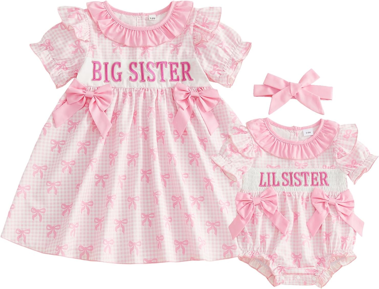Big Little Sister Matching Outfits Summer Short Puff Sleeve Peter Pan Collar Bow Embroidery Plaid Romper/Dress