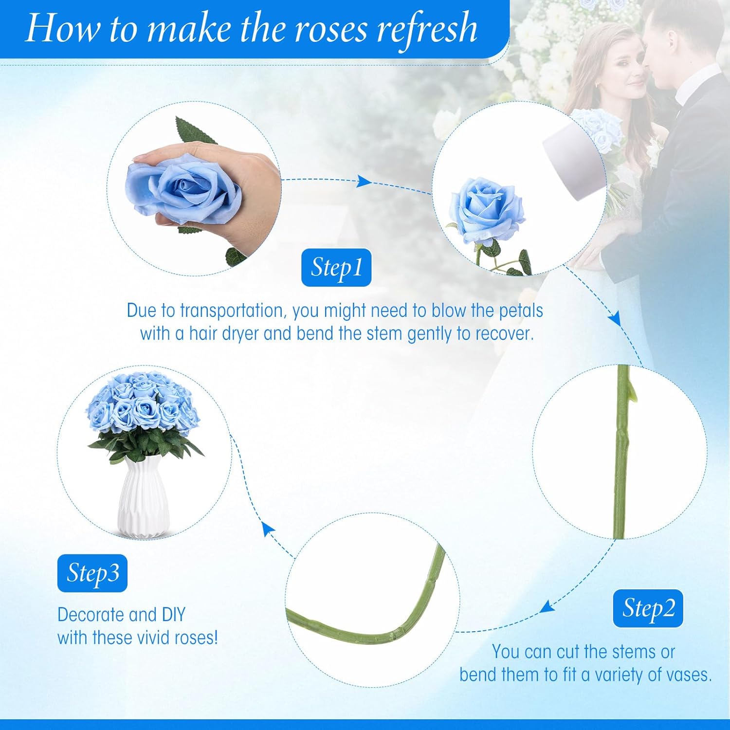 Hotop 40 Pcs Rose Artificial Flowers Bulk with Long Stem,Realistic Silk Fake Roses Bouquet for Home Wedding Centerpieces Party Table Decoration Valentines Gifts(Light Blue) - Image 3
