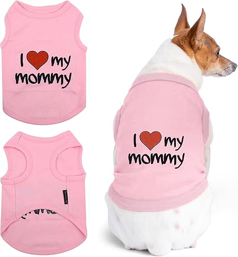Playera para perro Parisian Pet con palabras bordadas "I Love My Mommy" - 100% algodón, ropa rosa para perros - Chaleco sin mangas transpirable para