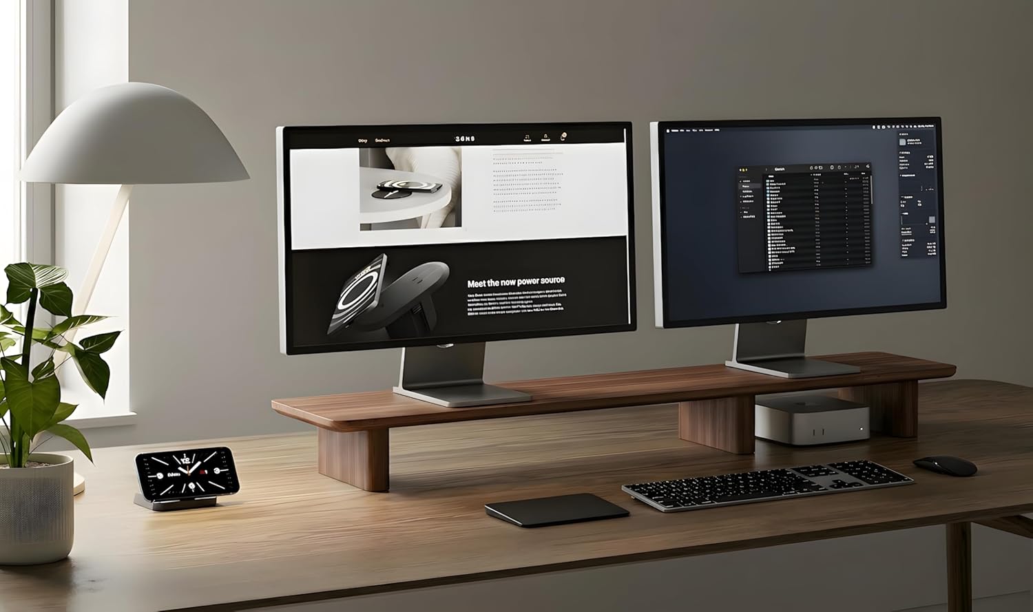 Minimalist Walnut Dual Monitor Stand Riser - 43.3" Extra-Long Modular Desk Organizer for iMac, Laptops & Ultrawide Monitors - Natural Wood Grain