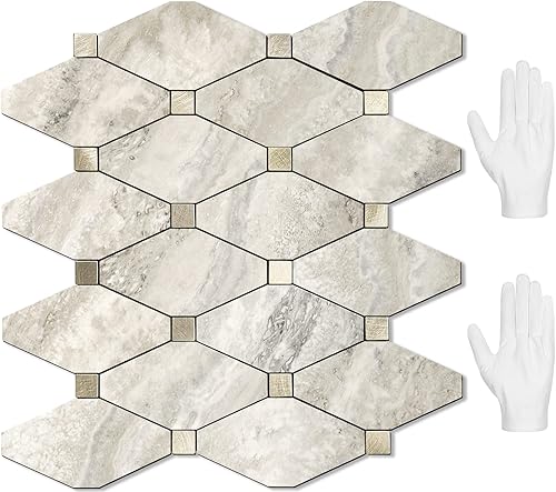Miniatura 21 de STICKGOO 1 hoja de salpicaduras de pared para despegar y pegar, adhesivos de azulejos compuestos de aluminio Calacatta, salpicaduras autoadhesivas