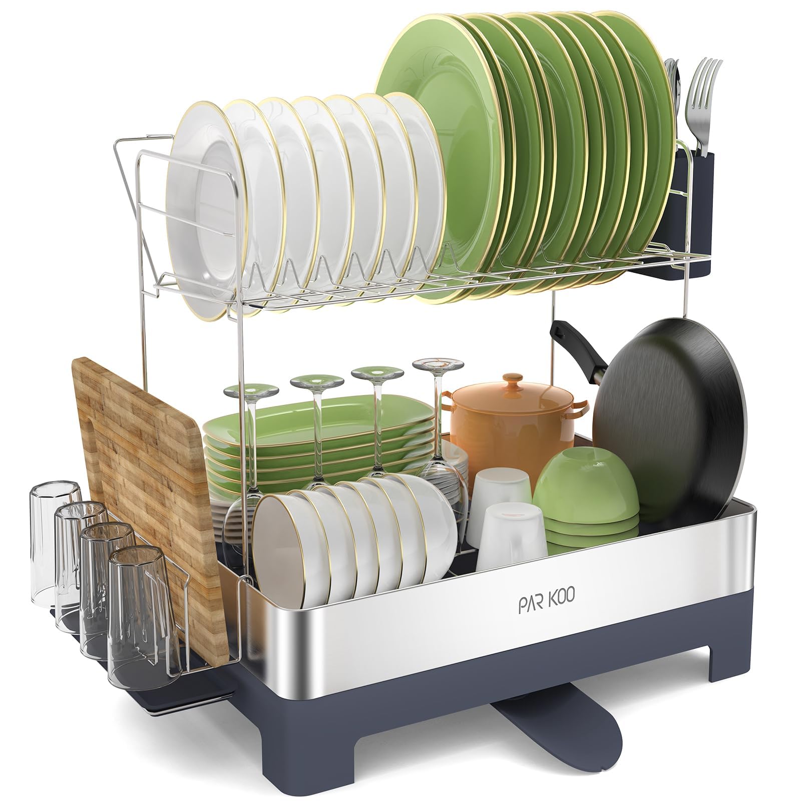ParKoo Escurridor de platos, extragrande de 2 niveles para encimera de cocina, escurridor de platos de acero inoxidable con boquilla giratoria, estante grande multifuncional con soporte para